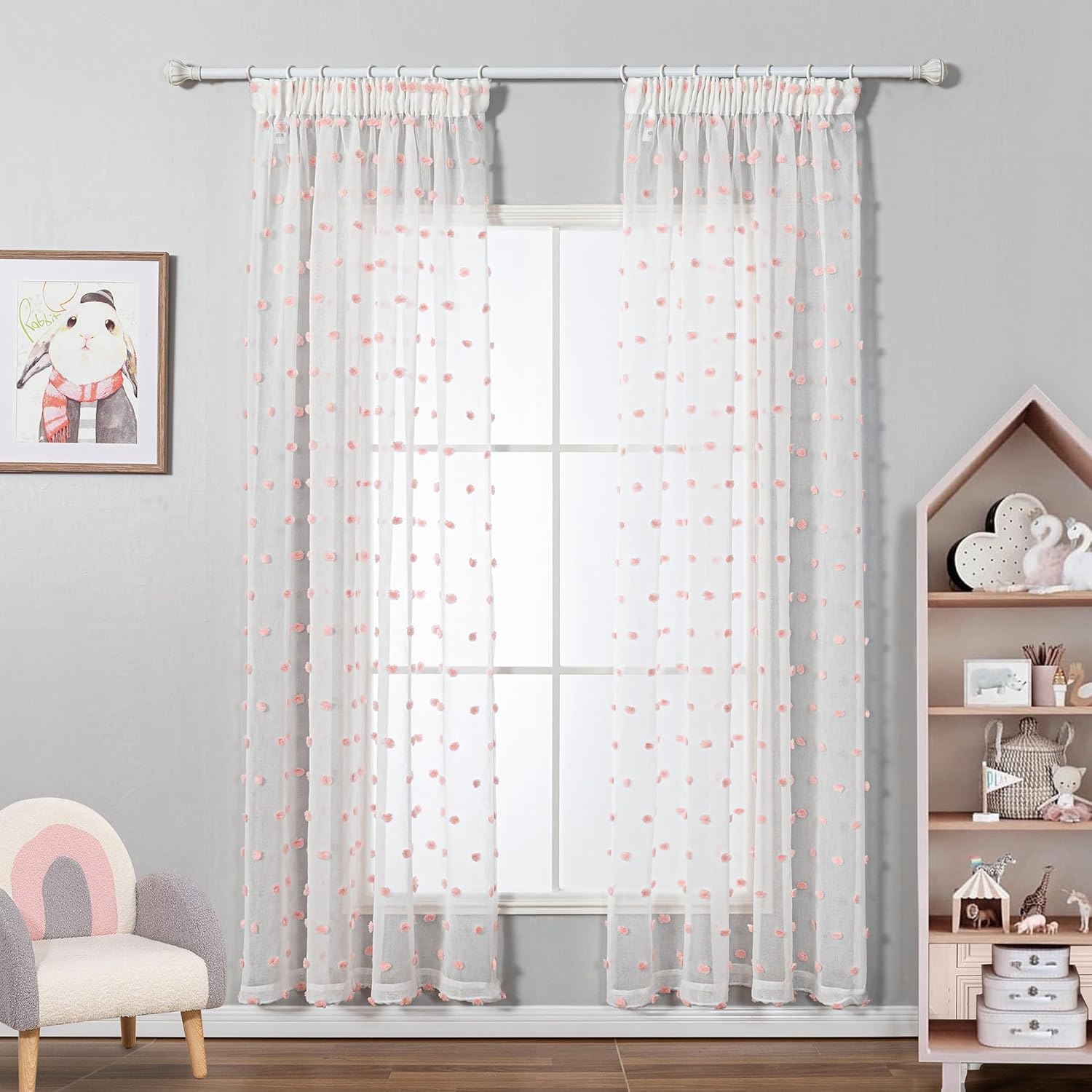 Thumbnail 1 de MYSKY HOME Gardine 2er-Set mit Kräuselband und Pompon-Stickerei, sheer Voile, Rosa (H 215 x B 140 cm)