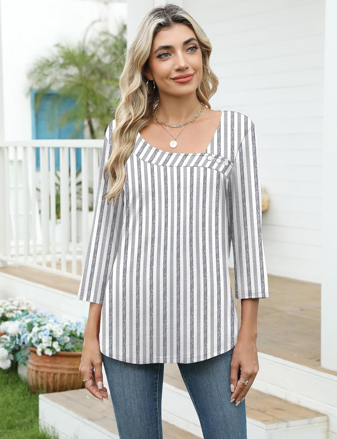 Detalle de Kistore Damen Bluse 3/4 Arm – Asymmetrischer Ausschnitt, Knopf-Detail, Tunika Sommer Tops