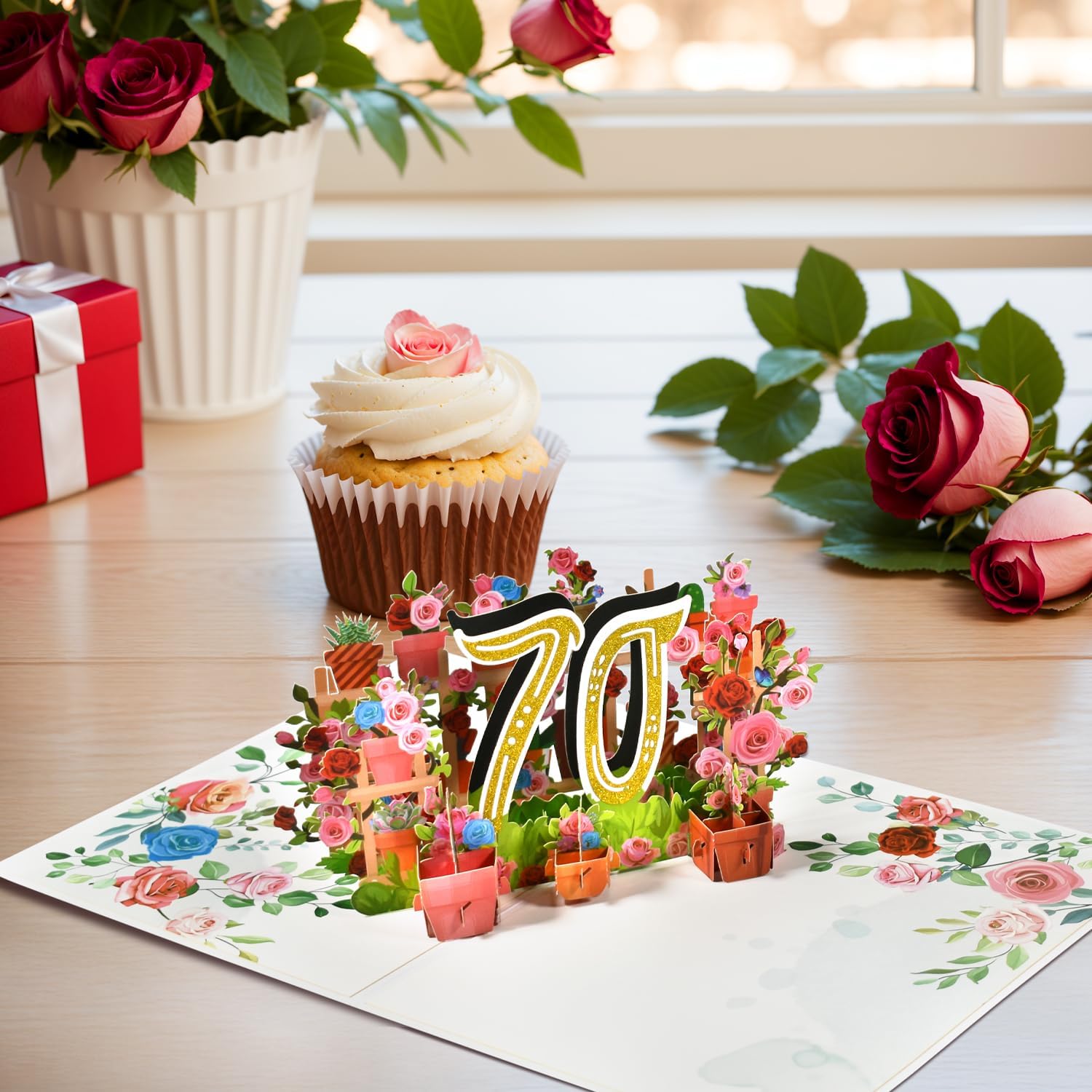 Detalle de 3D Pop-Up Karte 70. Geburtstag oder 70. Hochzeitstag – Elegante Rosenkarte mit Rosenkranz