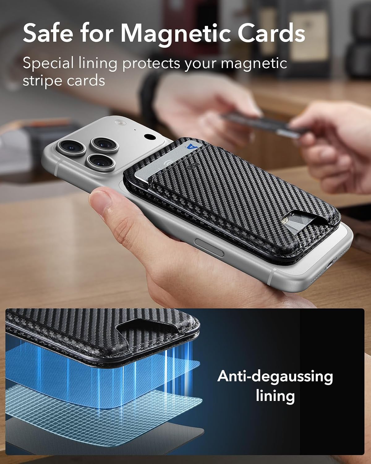 Thumbnail 6 de ESR portafoglio per MagSafe con blocco RFID, supporto regolabile e spazio per 5 carte (fibra di carbonio nera)