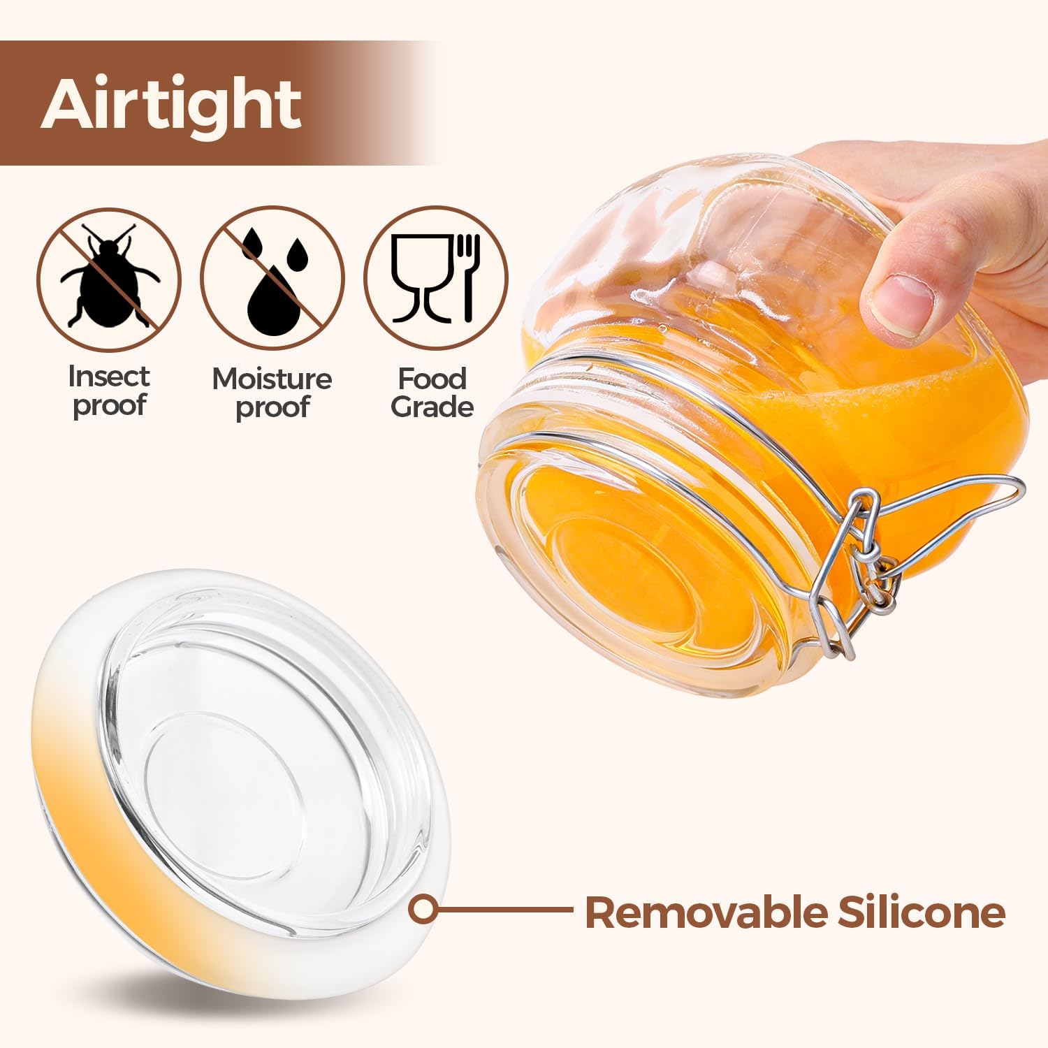 Thumbnail 3 de ComSaf Set of 6 Square Glass Jars with Airtight Wire Clamp Lids (17 Oz)