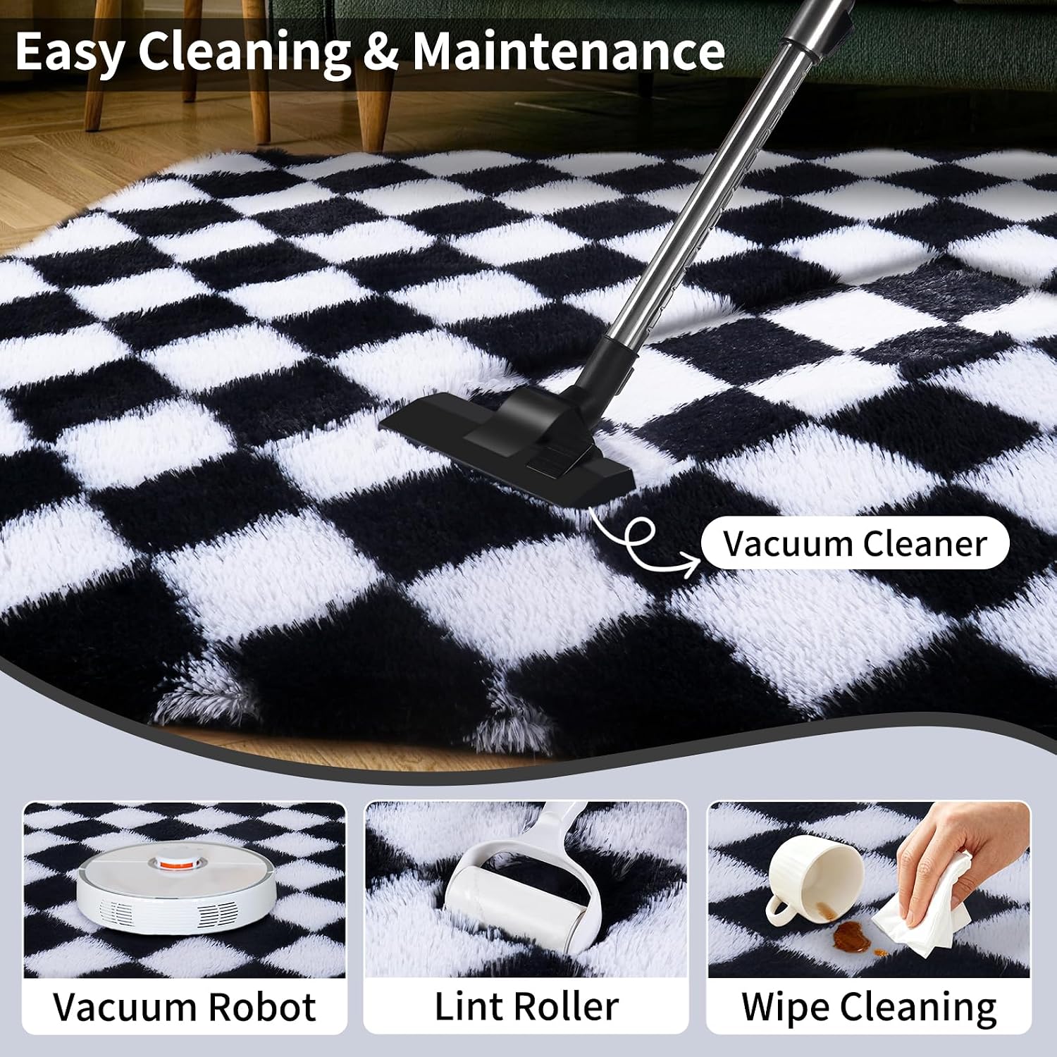 Detalle de FVVRAX Checkered Fluffy Rug (200x300cm) in Black & White
