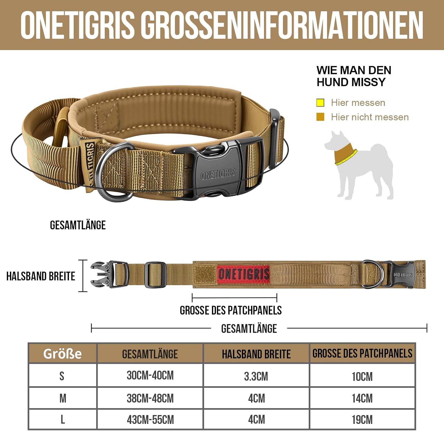 Detalle de OneTigris Collier pour Chien – Boucle et D-rond en métal, Marron, Taille M