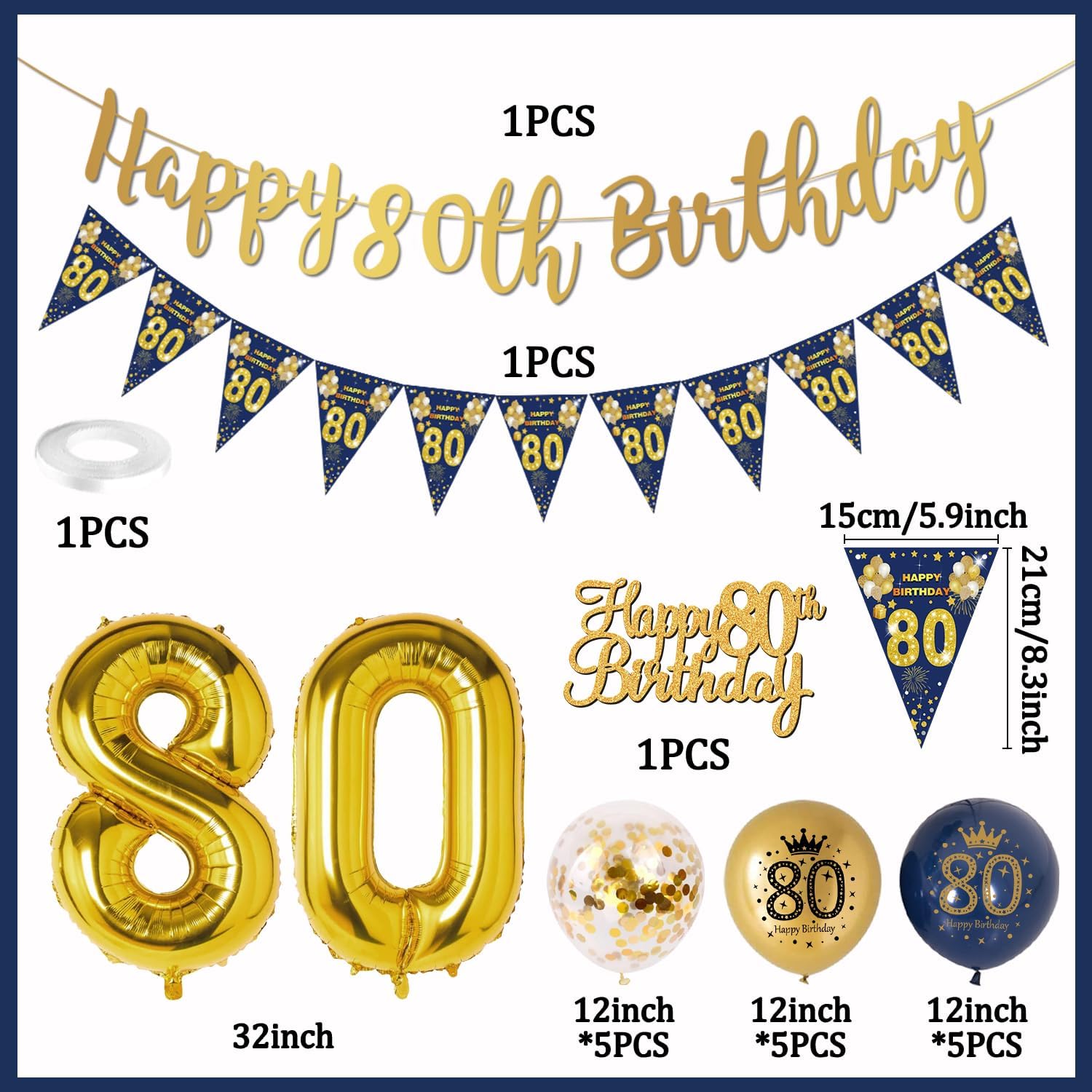 Detalle 2 de Men's 80th Birthday Decorations Blue and Gold Banner ๐