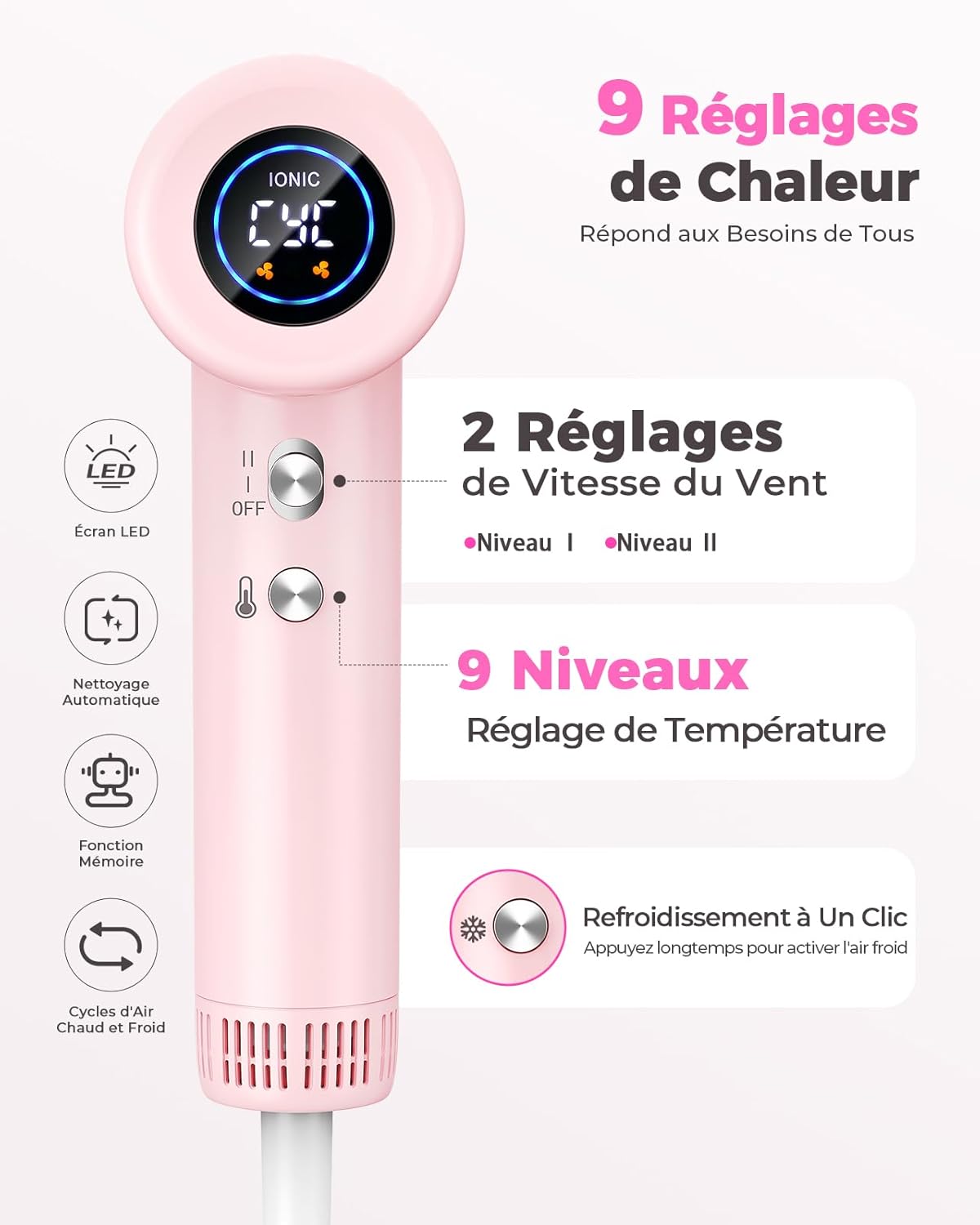 Detalle de Seche cheveux Ionique Professionnel avec Diffuseur – 160000 TR/min, séchage ultra rapide, 500 millions d’ions anti-frisottis, 360 g