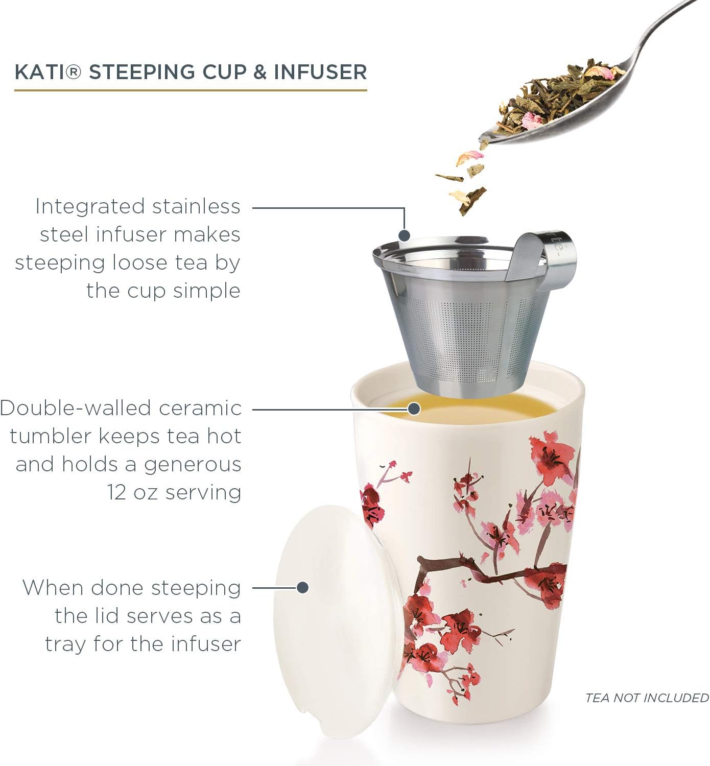 Detalle de Tea Forte Double-Walled Ceramic Kati Cup with Removable Stainless Steel Infuser Basket and Lid — Cherry Blossom
