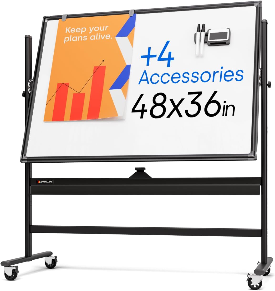 Detalle de KAMELLEO ZJJA89-SBN3 Rolling Whiteboard, Double-Sided Magnetic, 48" x 36