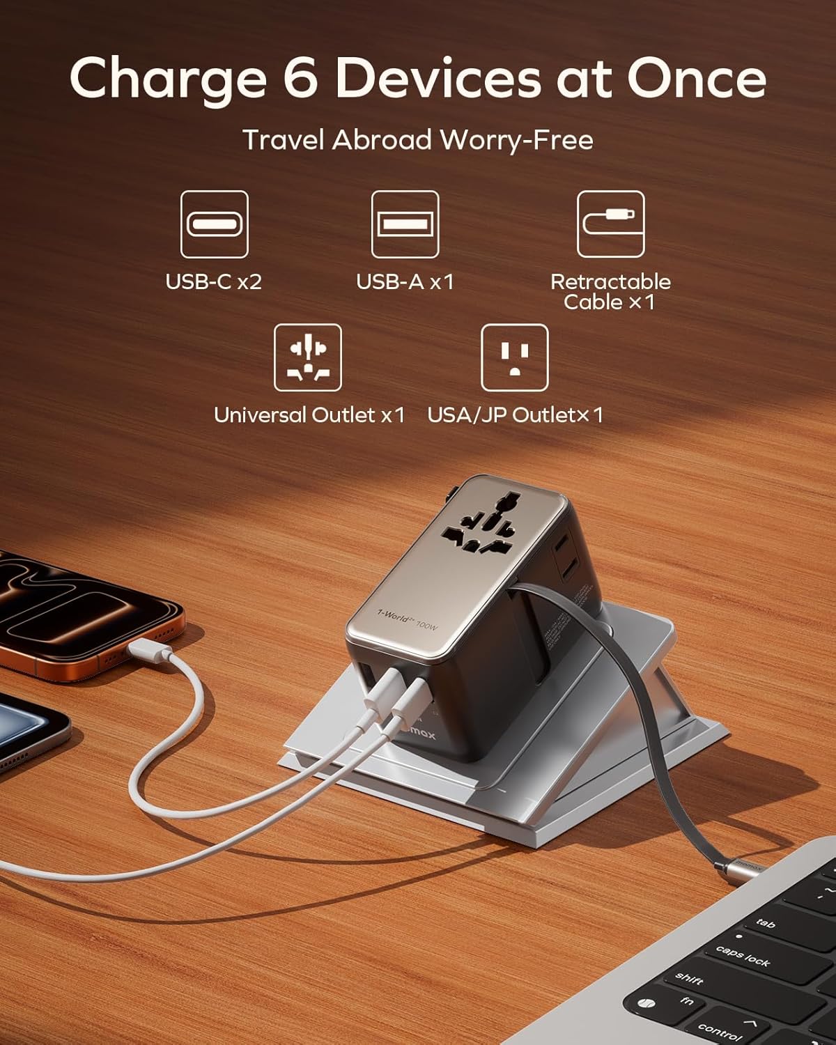 Thumbnail 1 de MOMAX Universal Travel Adapter with Cable — 100W GaN, UK/EU/AU/US Plugs, 2 USB-C PD & 1 USB-A QC