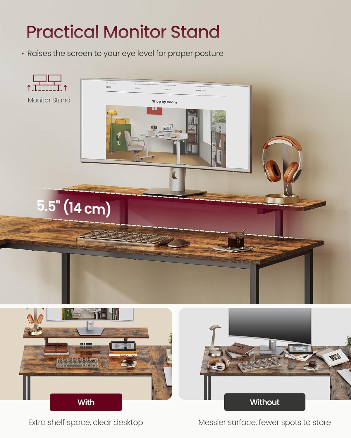 Thumbnail 4 de VASAGLE L-Shaped Desk with 2 Drawers (LWD097B01) — Reversible Corner Computer Desk in Rustic Brown