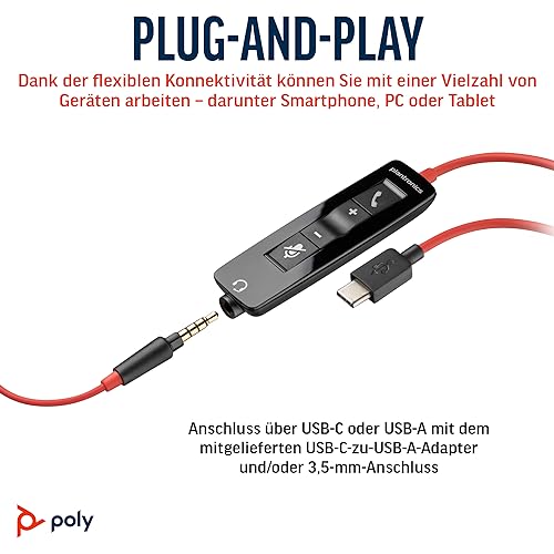Detalle de Schnurgebundenes Headset Poly Blackwire 5210 von Plantronics – flexibler Mikrofonarm, Noise Cancelling, USB-C/USB-A/3,5 mm, Teams/Zoom kompatibel