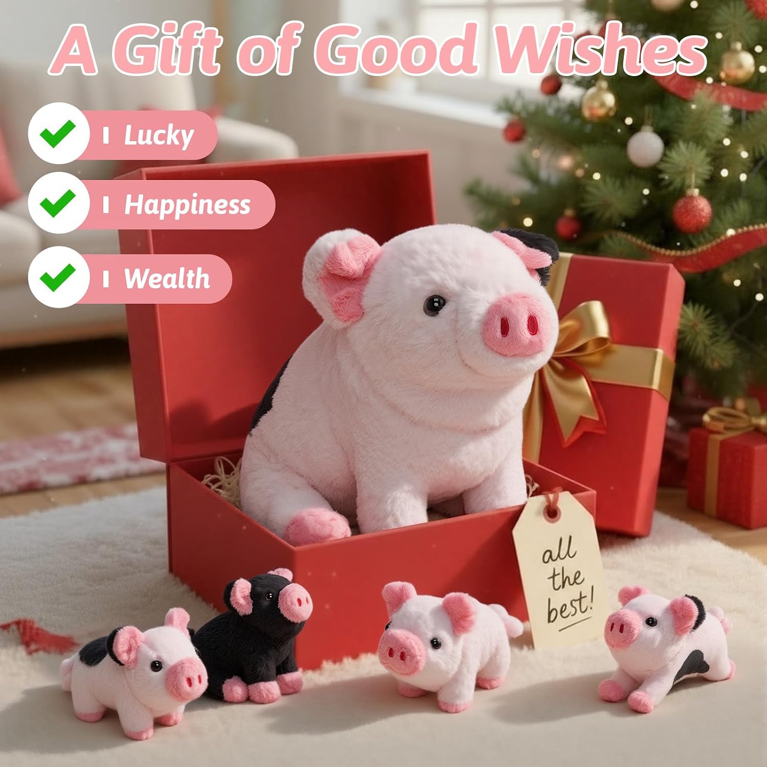 Detalle de OUOZZZ 5er Set Schwein Kuscheltier – je 23 cm, mit 4 Baby-Schweinchen im Bauch, weicher Plüsch & sicherer Begleiter