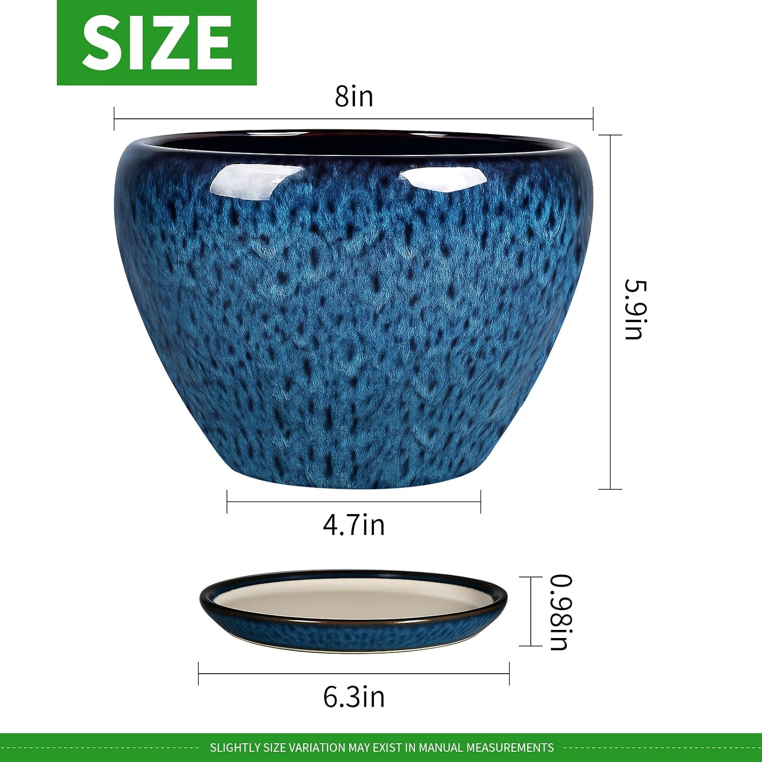 Detalle 2 de Deep Dream 8-Inch Ceramic Planter with Drainage Hole and Saucer, Blue