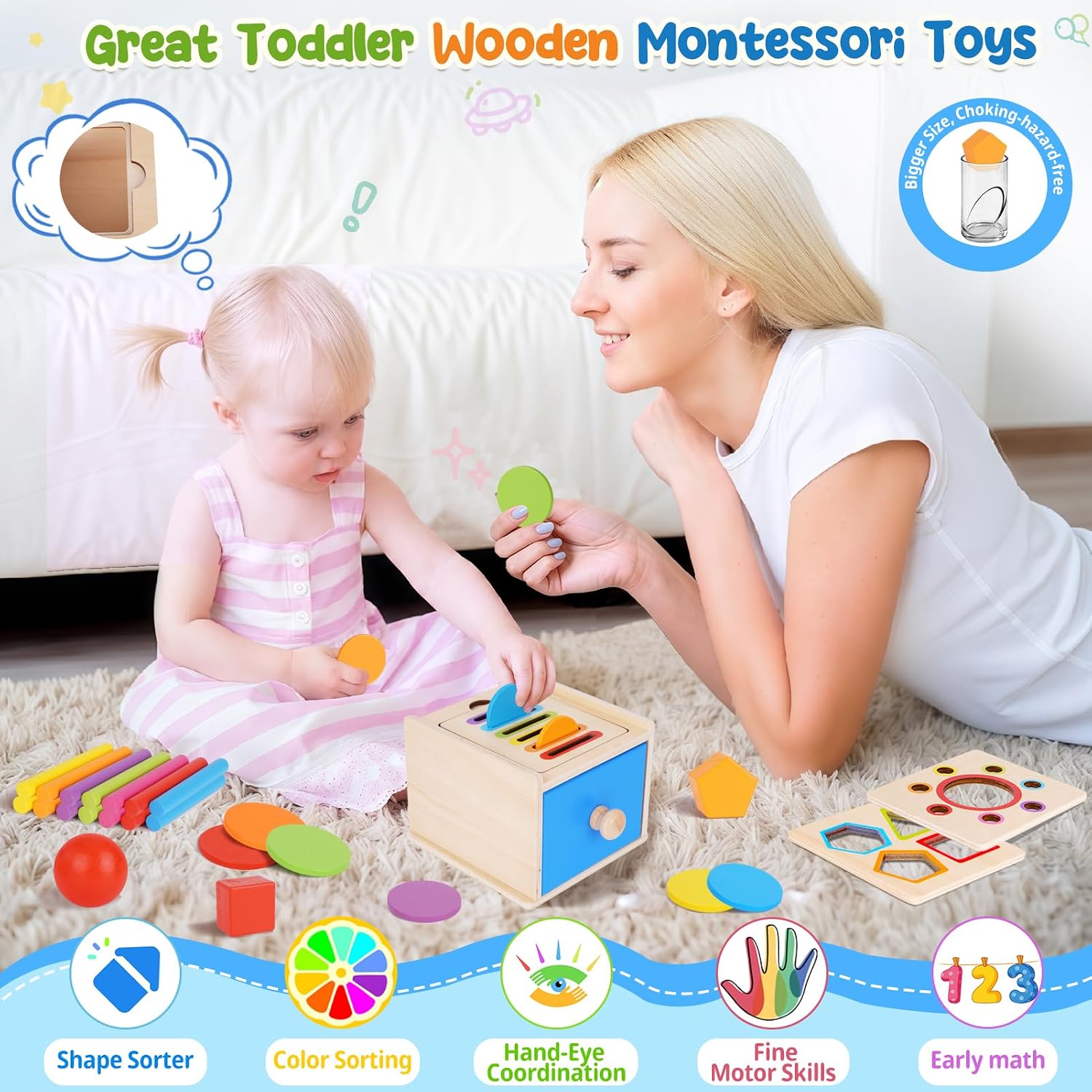 Thumbnail 2 de FCSONU Wooden Shape-Sorting Toy with 3 Activity Lids and 31 Blocks