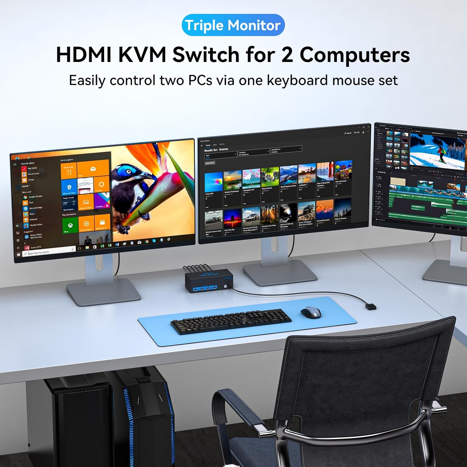 Detalle 2 de VPFET SW230-Deep Blue 3-Monitor HDMI KVM Switch, 4K@60Hz, USB 3.0