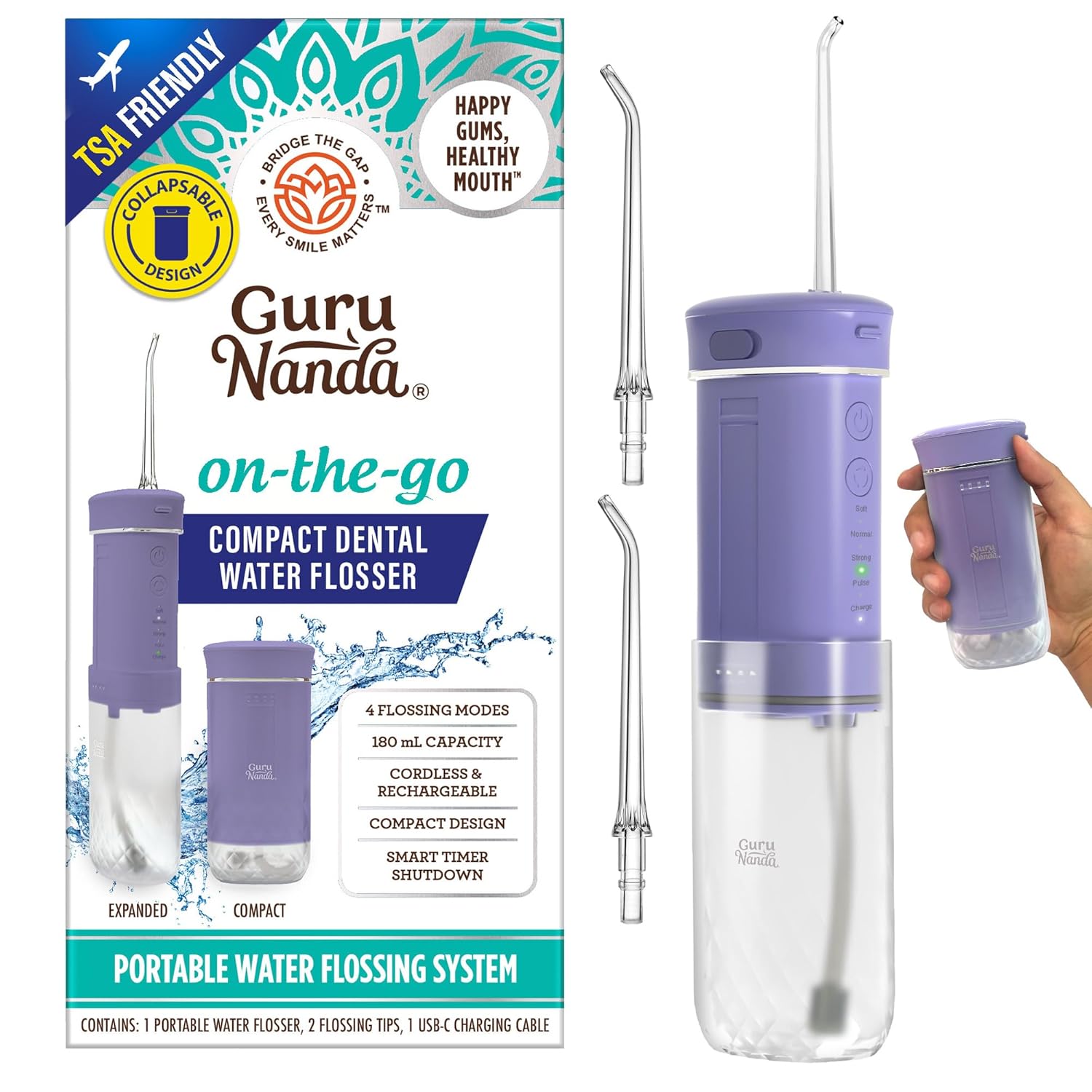 GuruNanda Compact Water Dental Flosser: Portable Travel-Ready Oral Irrigator (Lavender)