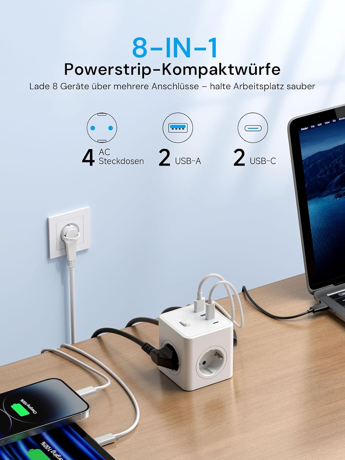 Detalle 2 de Power Cube Steckdosenwürfel 8‑in‑1 mit USB