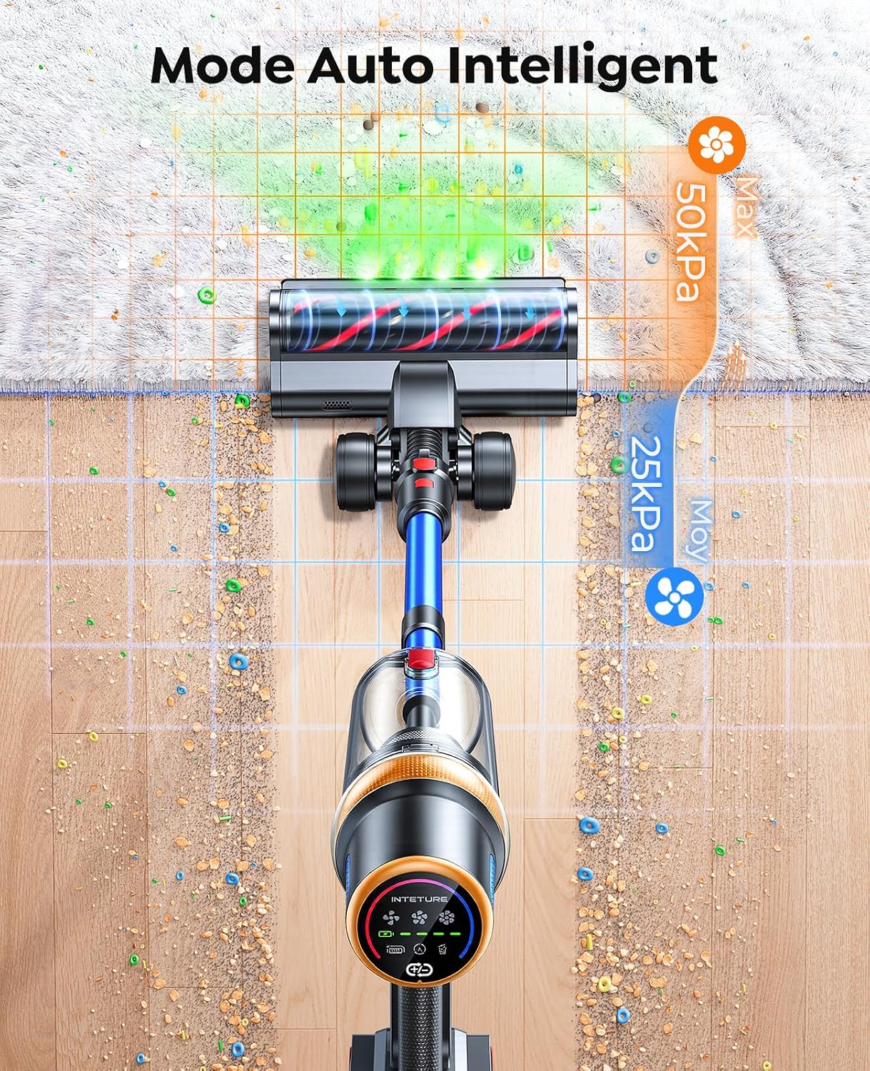 Detalle de INTETURE BP50 steelstofzuiger met touchscreen, HEPA-filter en 65 minuten looptijd