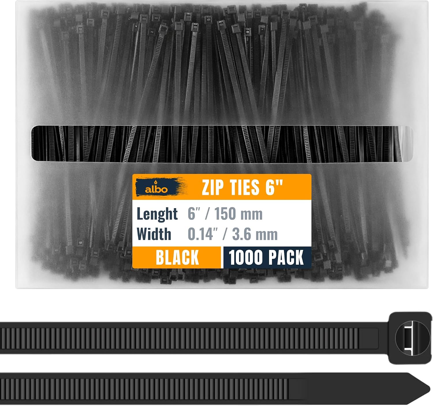 Detalle de Albo 6-Inch Black Nylon Zip Ties, UV-Resistant, Self-Locking, 40 lb