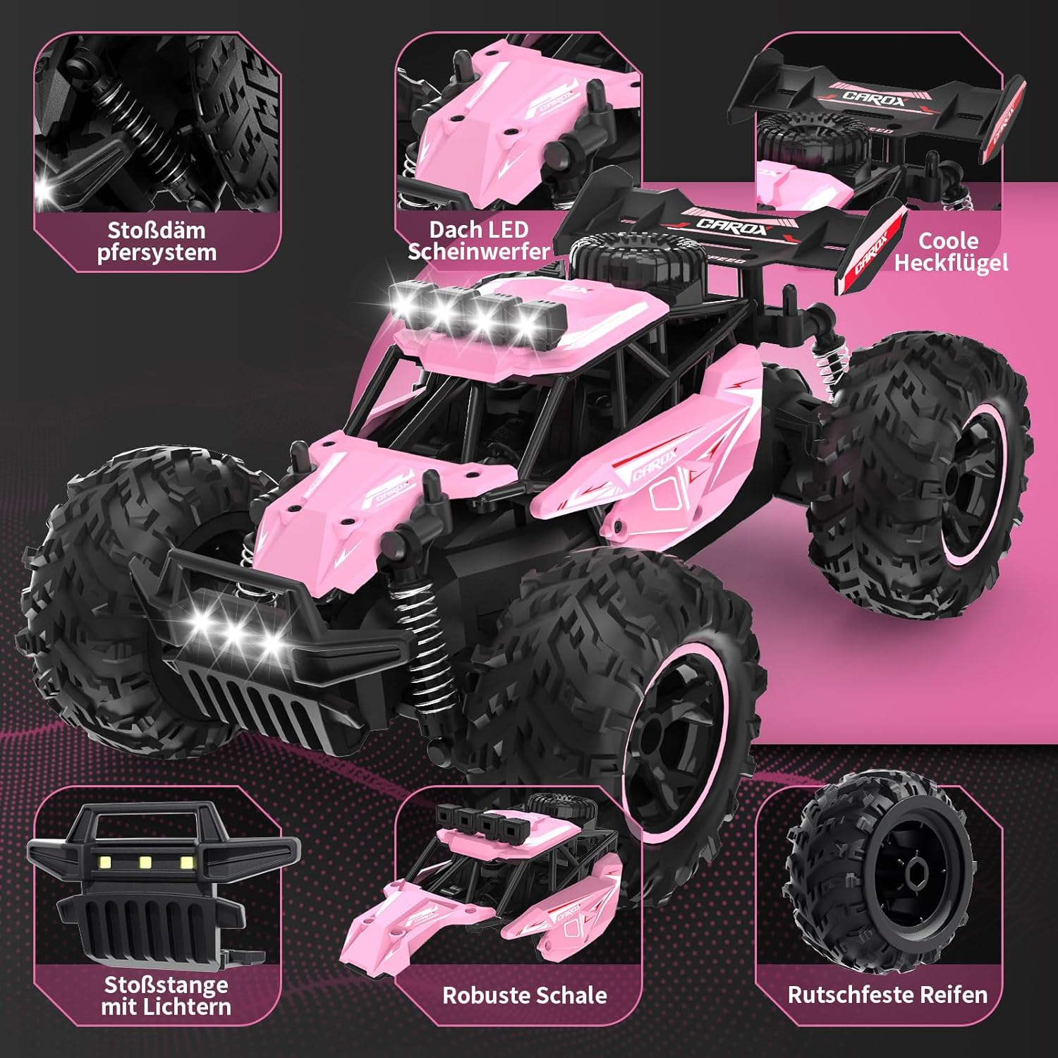 Detalle 2 de Carox ferngesteuertes Auto für Mädchen ab 6 – Pinkes Geländewagen-RC mit 2 Akkus, 25 km/h, 2.4 GHz