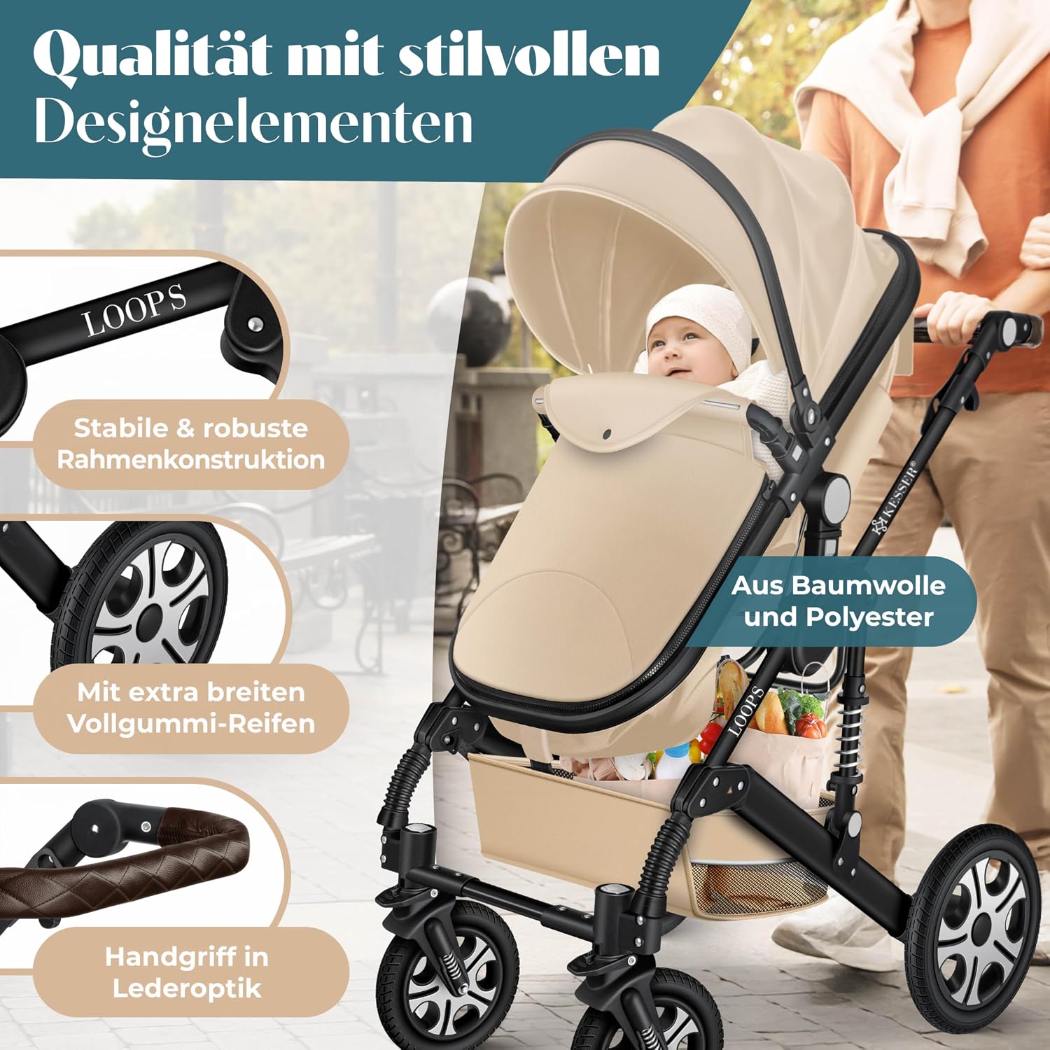 Thumbnail 2 de KESSER Loops 4-in-1 Kombikinderwagen Set inkl. Babywanne, Sportsitz, Babyschale, Wickeltasche & mehr – Beige/Schwarz