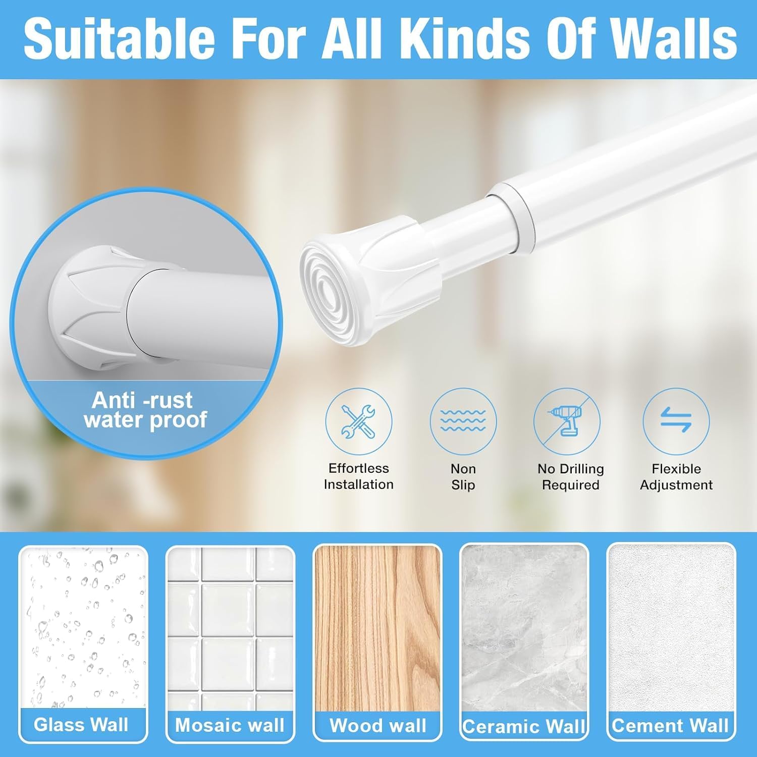 Detalle de QINGYUN Tension Curtain Rod 2-Pack
