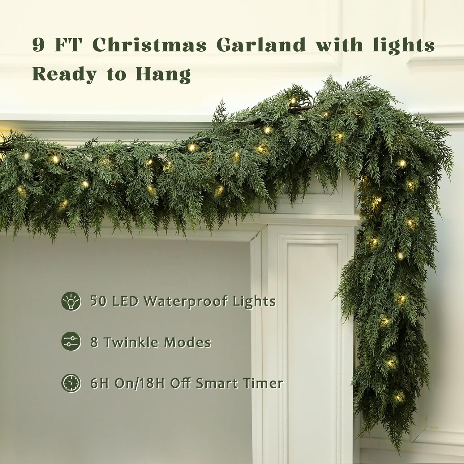 Thumbnail 6 de Citilya CT2621 9 ft Christmas Cedar Garland with 150+ Branches and Timer Lights