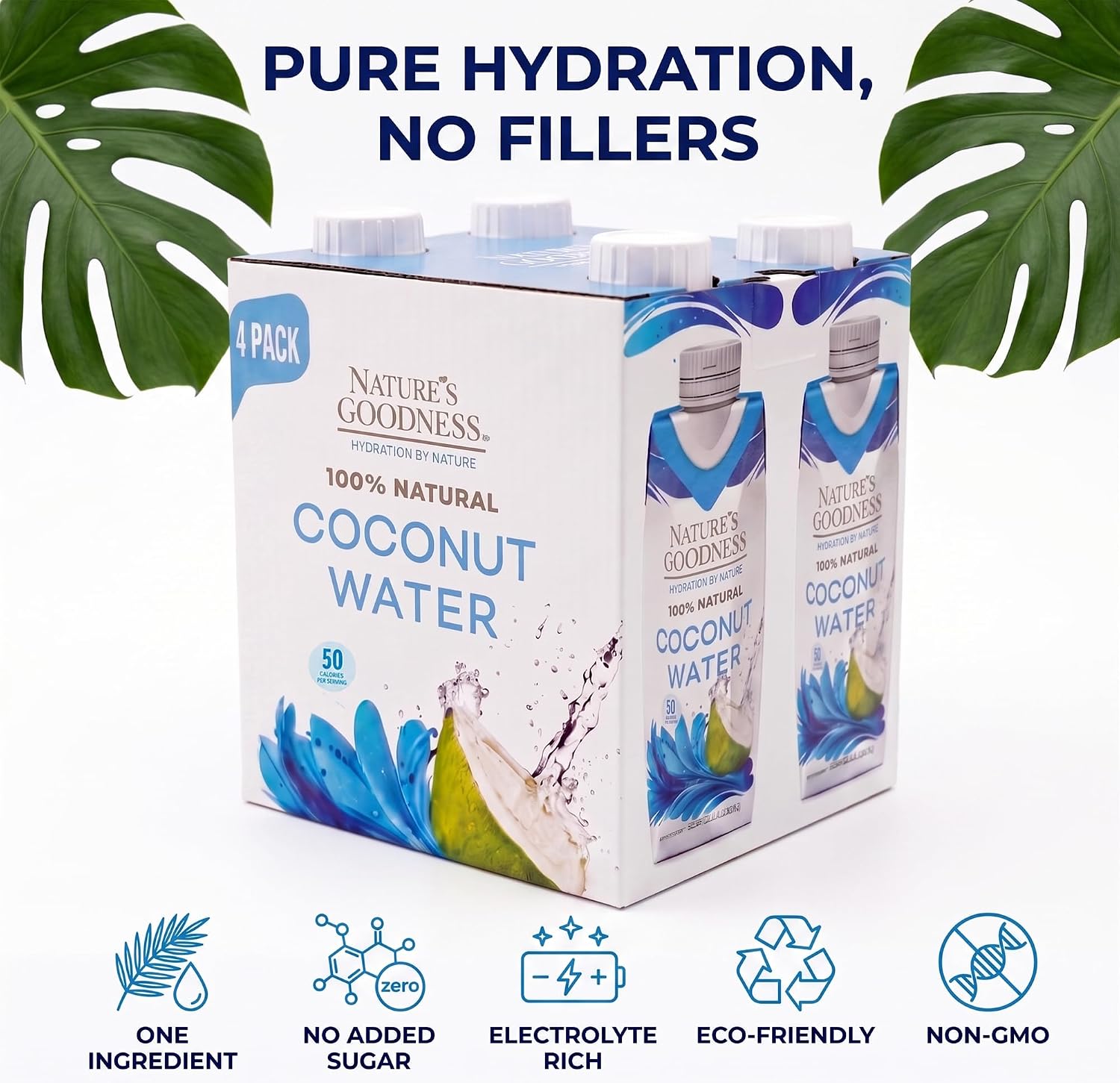 Detalle de Nature's Goodness Coconut Water, No Added Sugar, No Pulp, 4-Pack