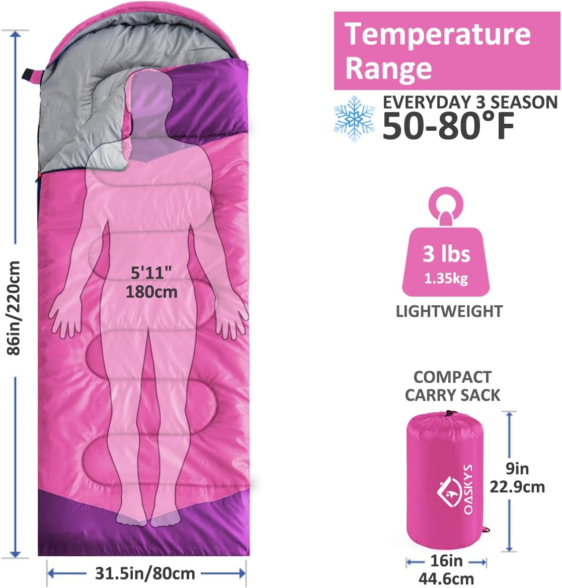 Detalle de oaskys 3-Season Sleeping Bag, 50–68°F, Two-Way Zipper, Pink