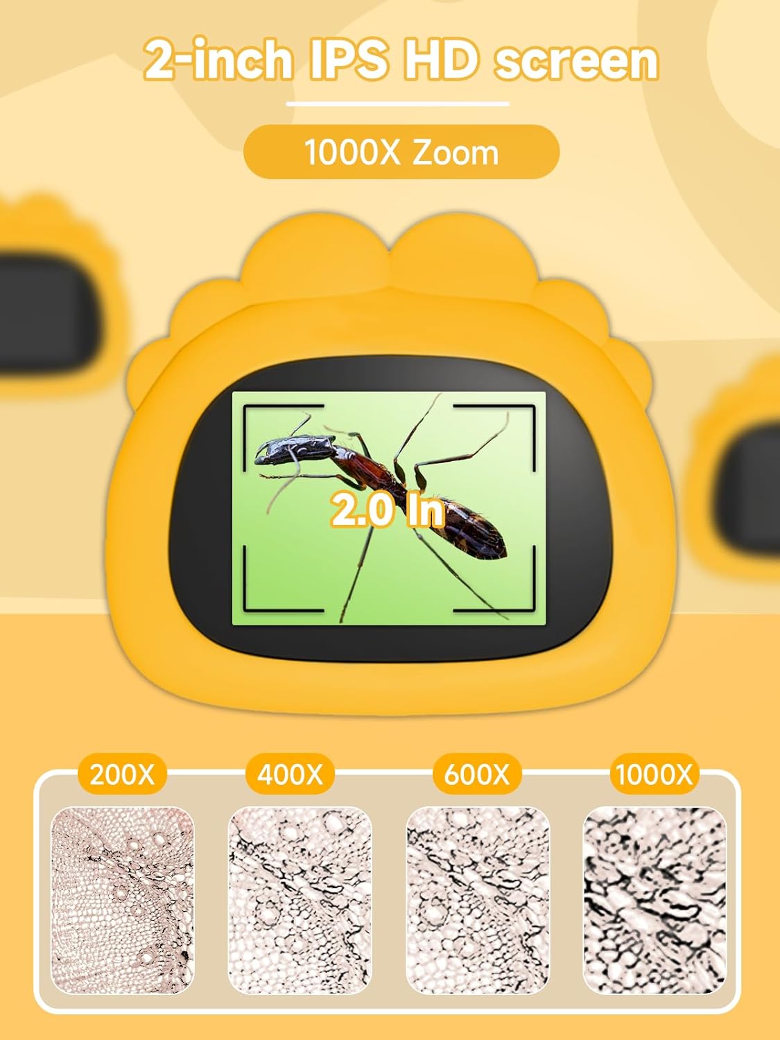 Thumbnail 1 de Acoath Mikroskop für Kinder – digitales Taschenmikroskop mit 2,0-Zoll-IPS-Display, 8 LEDs und bis zu 200 Foto-Speicher (gelb)