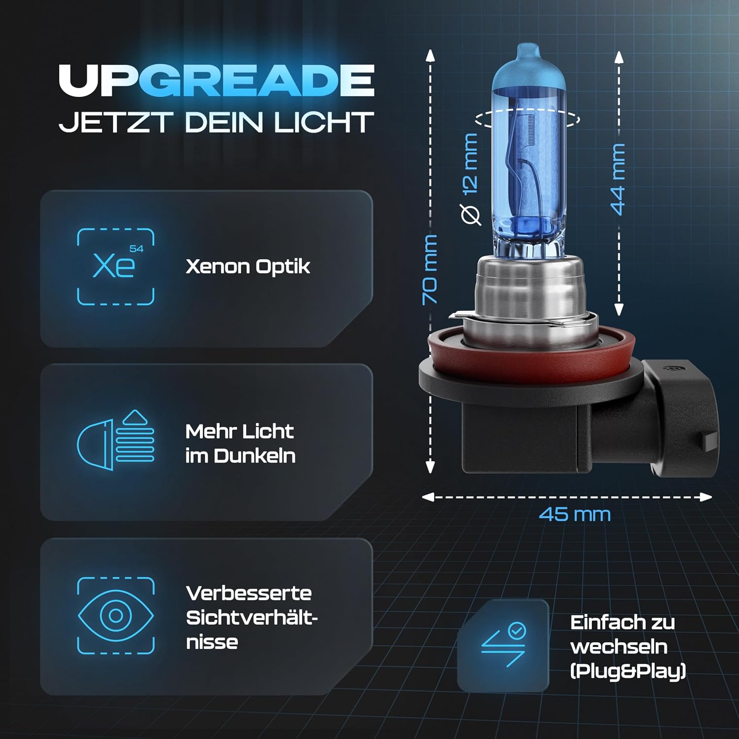 Detalle de Gread 2x H11 Halogen-Lampensatz im Xenon-Look (super white) – mit E-Prüfzeichen