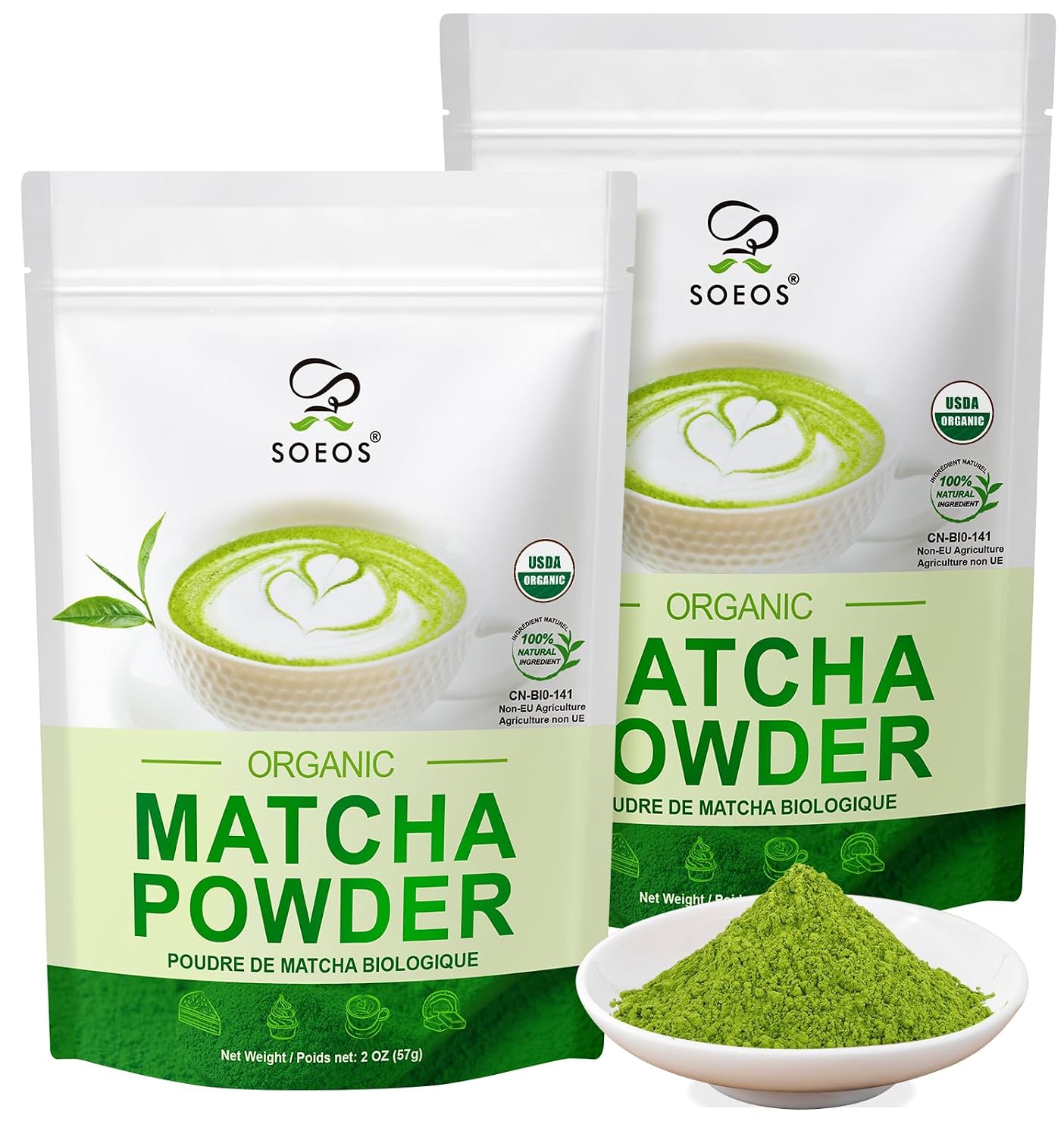 Detalle de Soeos Organic Matcha Powder, 2-Pack, 4 oz for Lattes, Smoothies & Baking