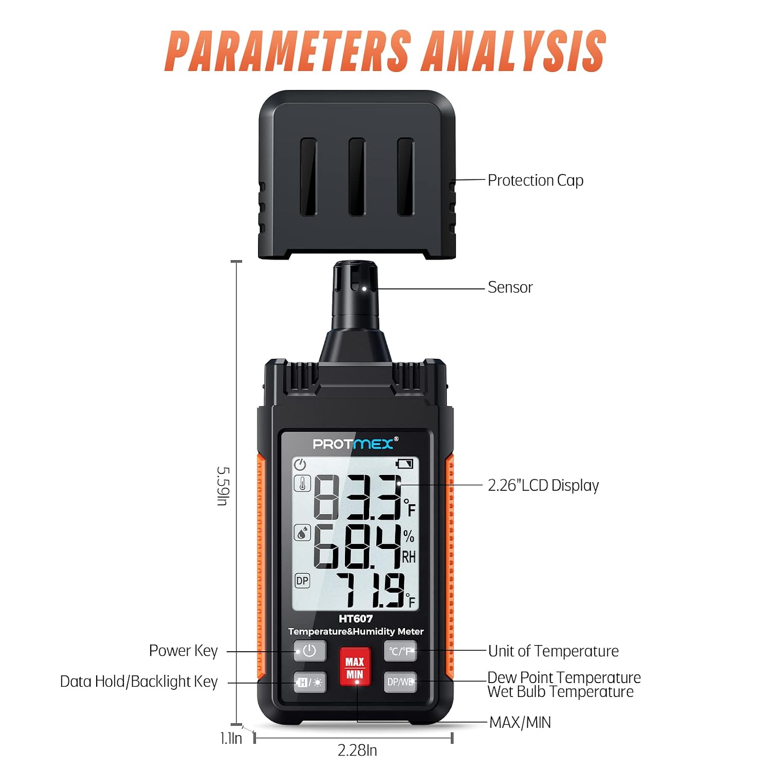 Detalle de Protmex HT607 Temperature and Humidity Meter with Backlit LCD and Probe Cover