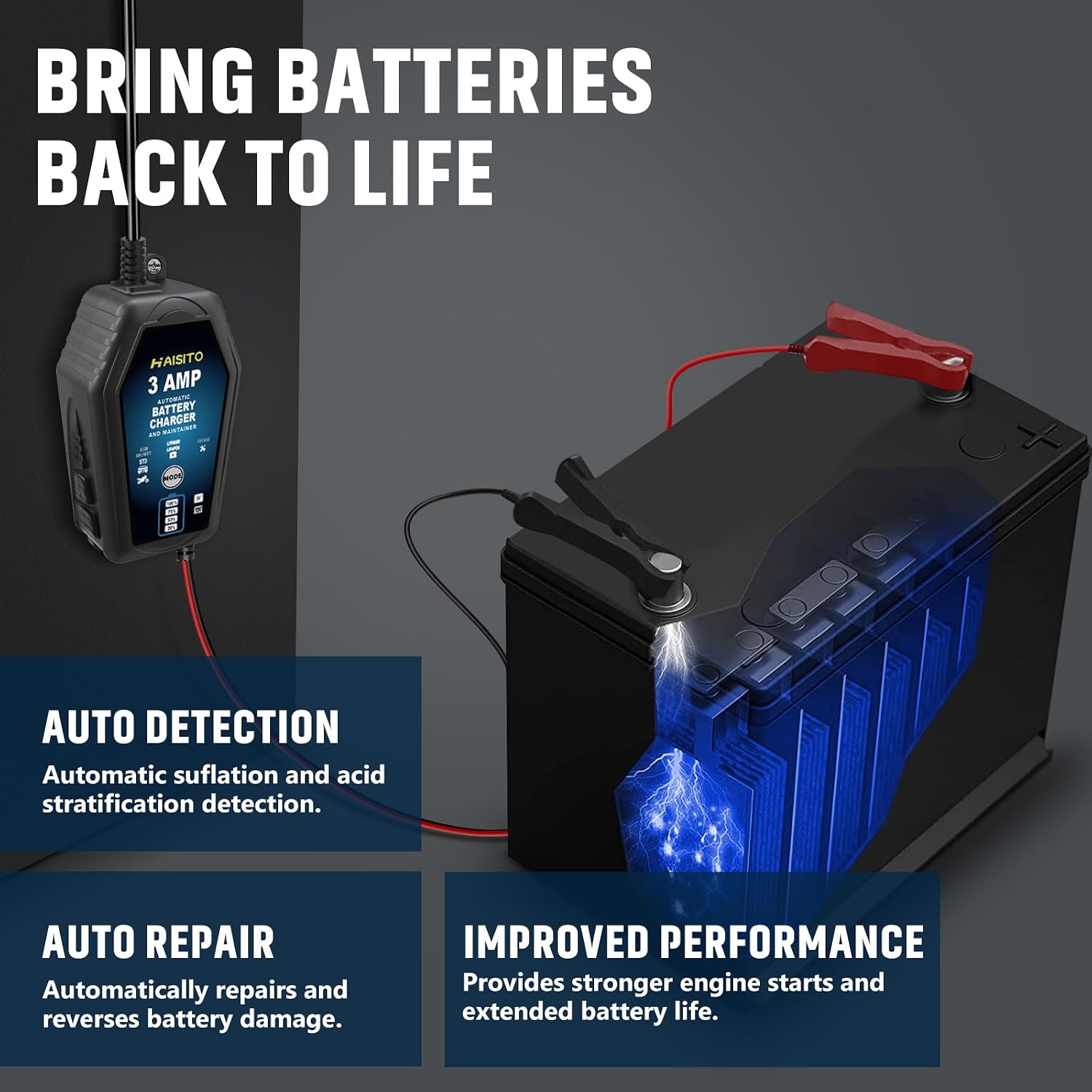 Detalle 2 de Haisito 3 AMP 6V/12V Smart Battery Charger with Automatic Maintainer
