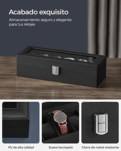 Detalle de SONGMICS Caja de Relojes JWB06B01: estuche con tapa de cristal para 6 piezas