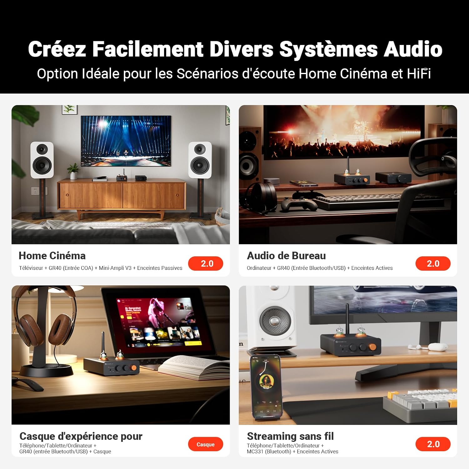 Detalle 1 de Fosi Audio GR40 préamplificateur DAC à tube avec Bluetooth, USB et sorties optique/coaxiale
