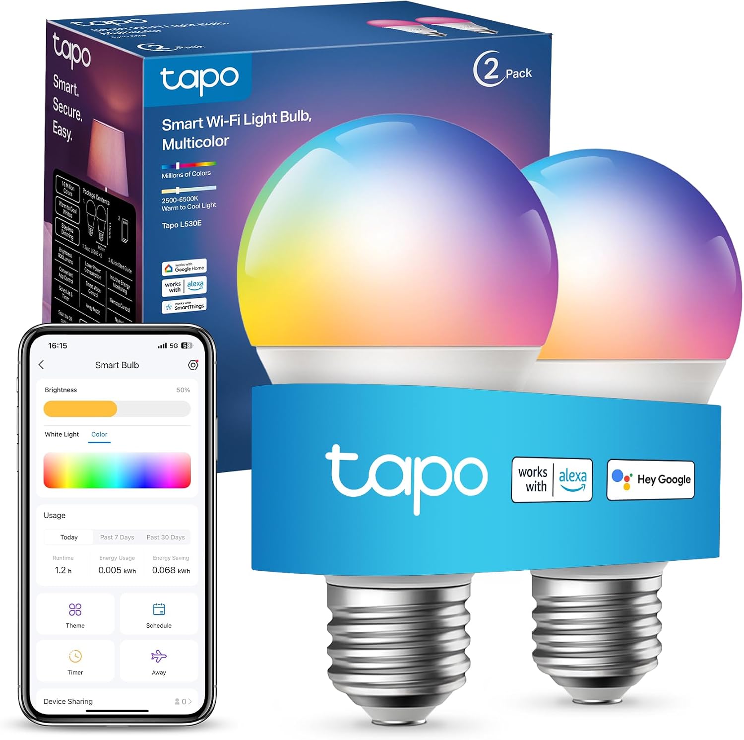 Detalle de Tapo L530E 2-Pack E27 Smart Bulbs with Alexa & Colour Changing LED (8.3W)