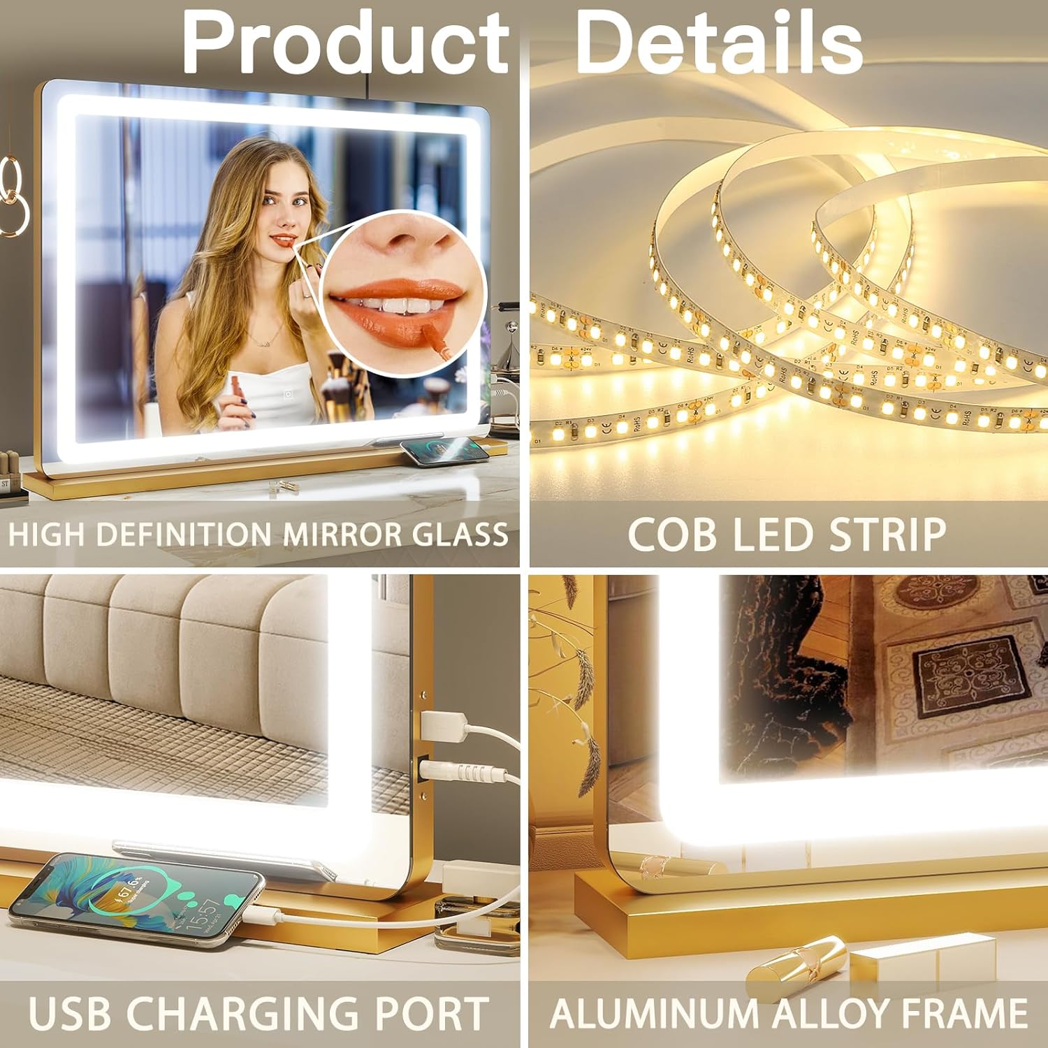 Thumbnail 5 de FENNIO Vanity Mirror with Lights 32"x22" — Lighted Makeup Mirror with 3-Color Lighting, Touch Sensor & USB Charging (Gold)