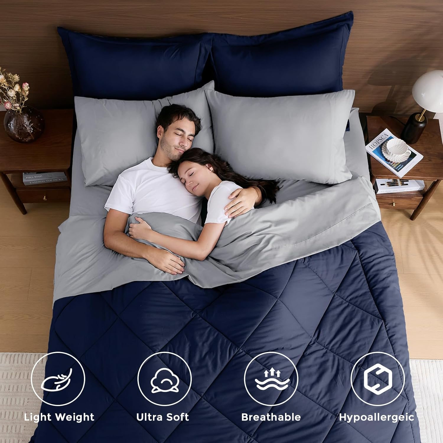Thumbnail 1 de HEVUMYI Queen Comforter Set - 7-Piece All Season Bed in a Bag (Navy Blue & Light Grey)