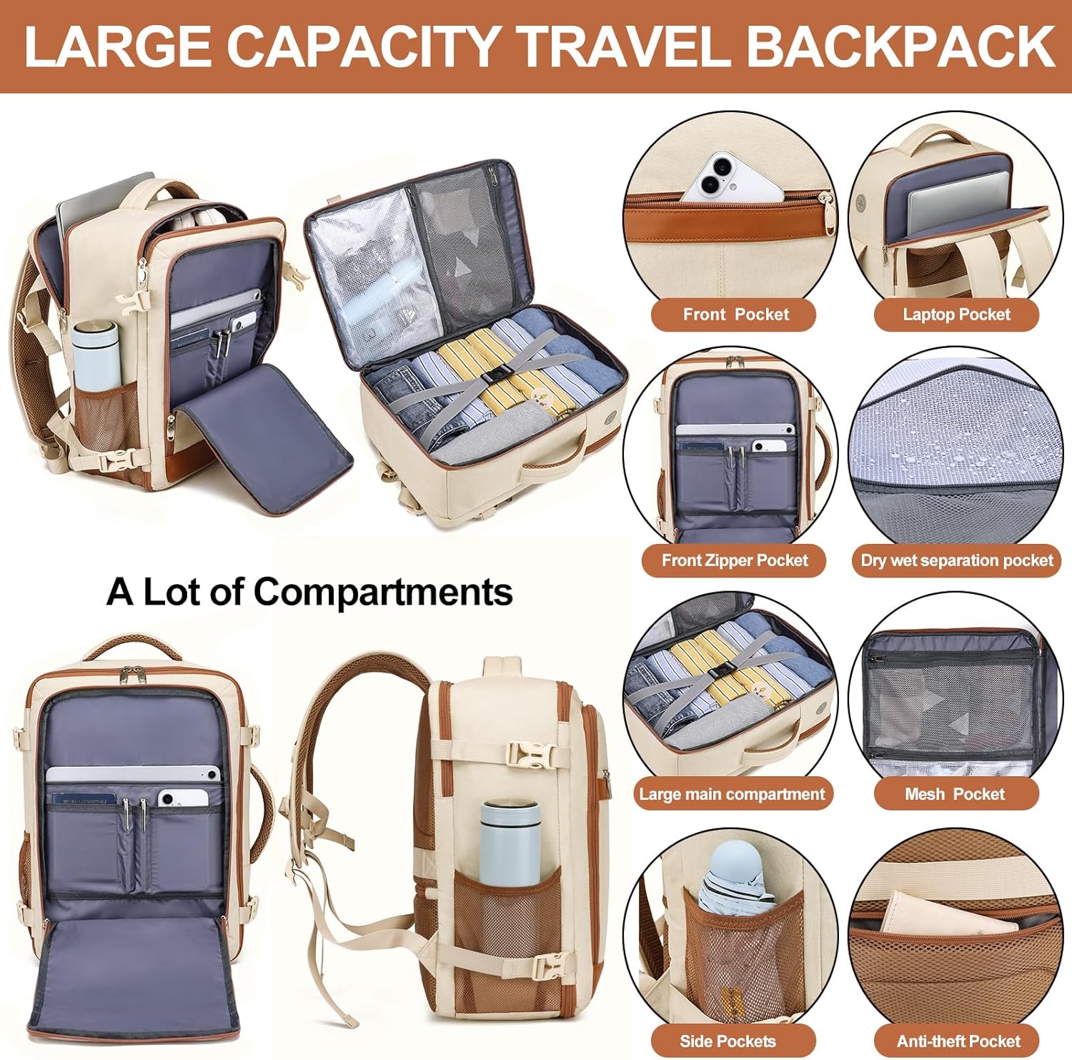 Thumbnail 2 de Travel Backpack for Women: Airline-Approved Carry-On with Shoe Pouch and 15.6” Laptop Compartment — Beige