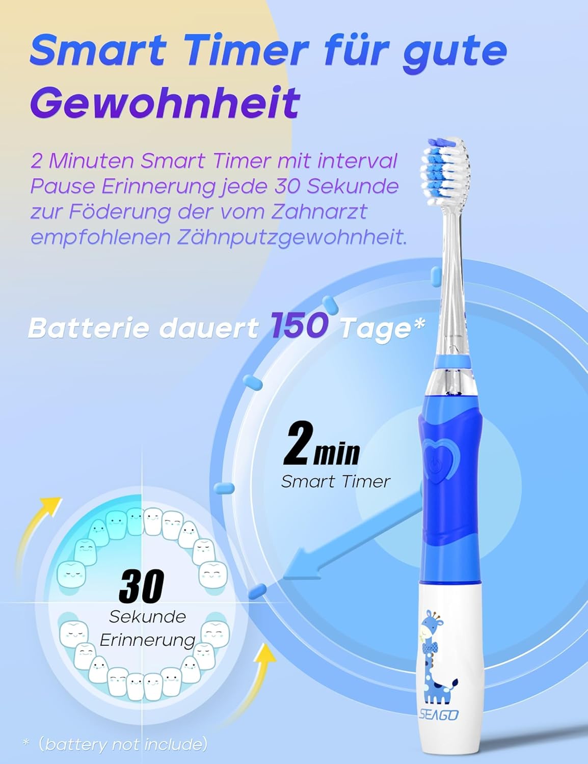 Thumbnail 3 de Seago elektrische Zahnbürste für Kinder ab 2 (SG977, blau) mit 4 Modi, LED-Licht & 4 extra-weichen Bürstenköpfen
