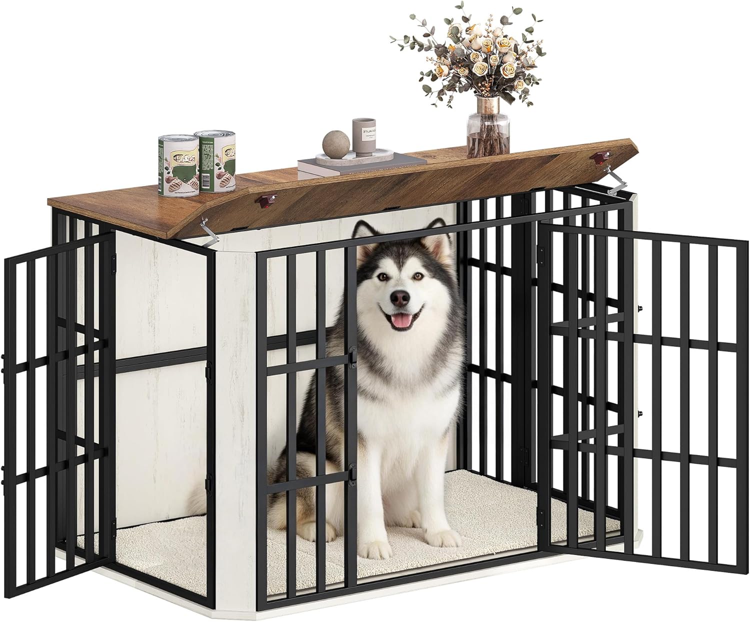 Hzuaneri Cage pour Chien en Bois Heavy Cage avec Porte d’alimentation supérieure et design multi-portes – 120 x 75 x 81 cm