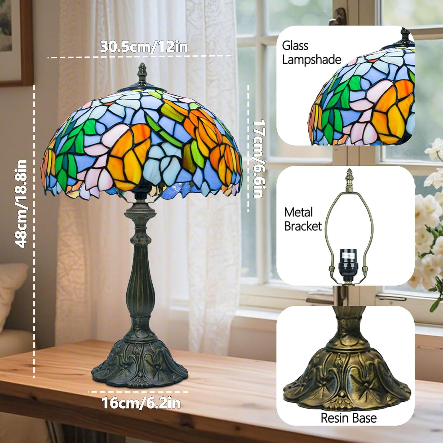 Detalle de Ppbmocw Tiffany Style Glass Table Lamp with Remote Control (Flowers in Full Bloom) – 12 Inch Shade, 18.8 Inch Overall Height