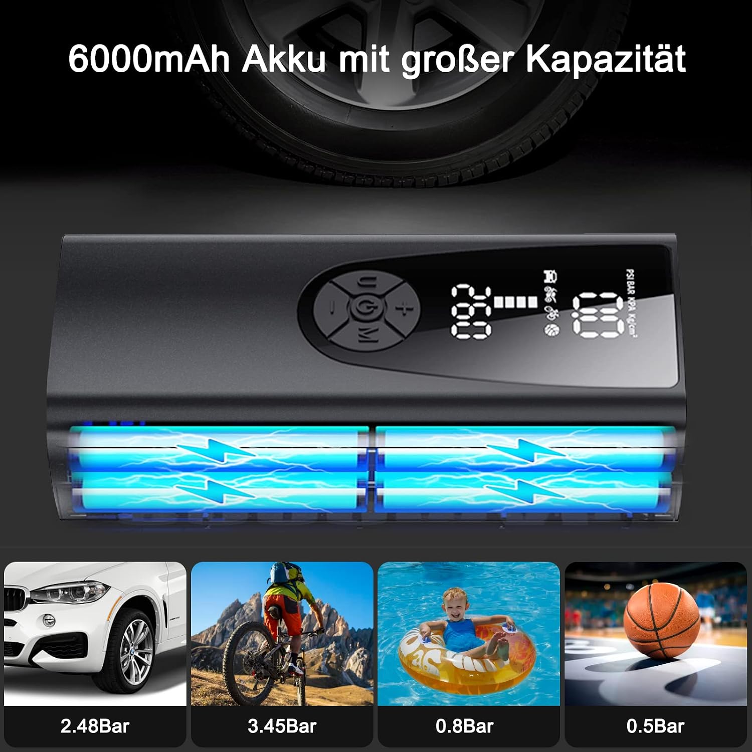 Detalle de Tragbare elektrische Fahrradpumpe mit Akku 6000 mAh – 150 PSI, kabellos, LCD-Druckanzeige, LED-Beleuchtung und Mehrfach-Adaptern