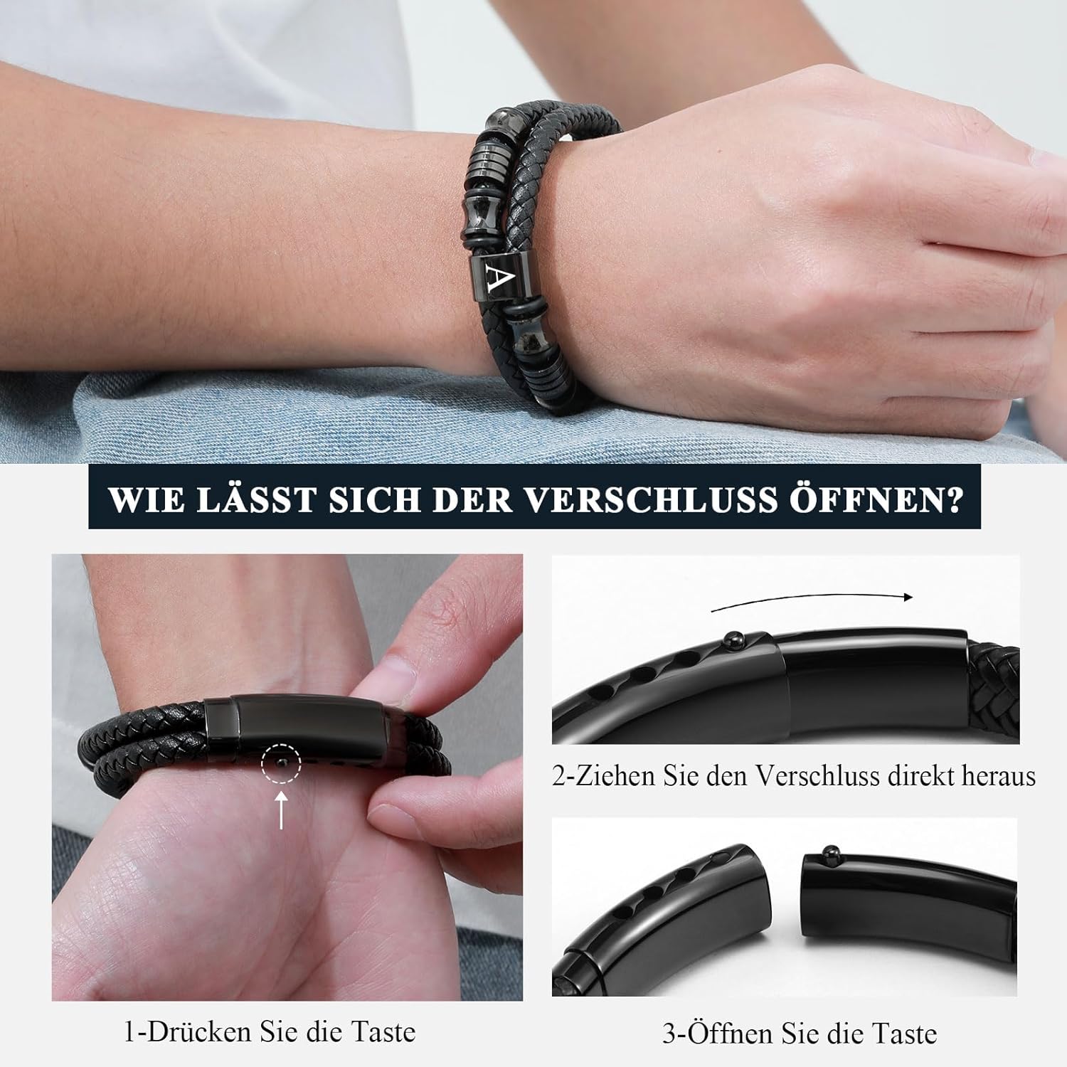 Thumbnail 6 de Herren Lederarmband mit Buchstaben (A–Z) und Gravur, schwarz – personalisiertes Armband aus Edelstahl & Leder