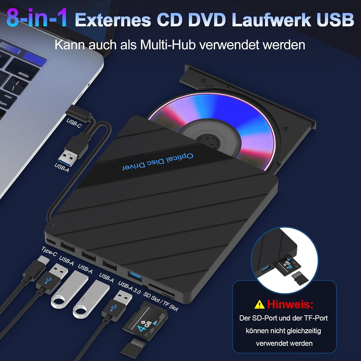 Detalle 2 de 8-in-1 Externes DVD-Laufwerk für Laptop mit USB 3.0 ⌚🎬
