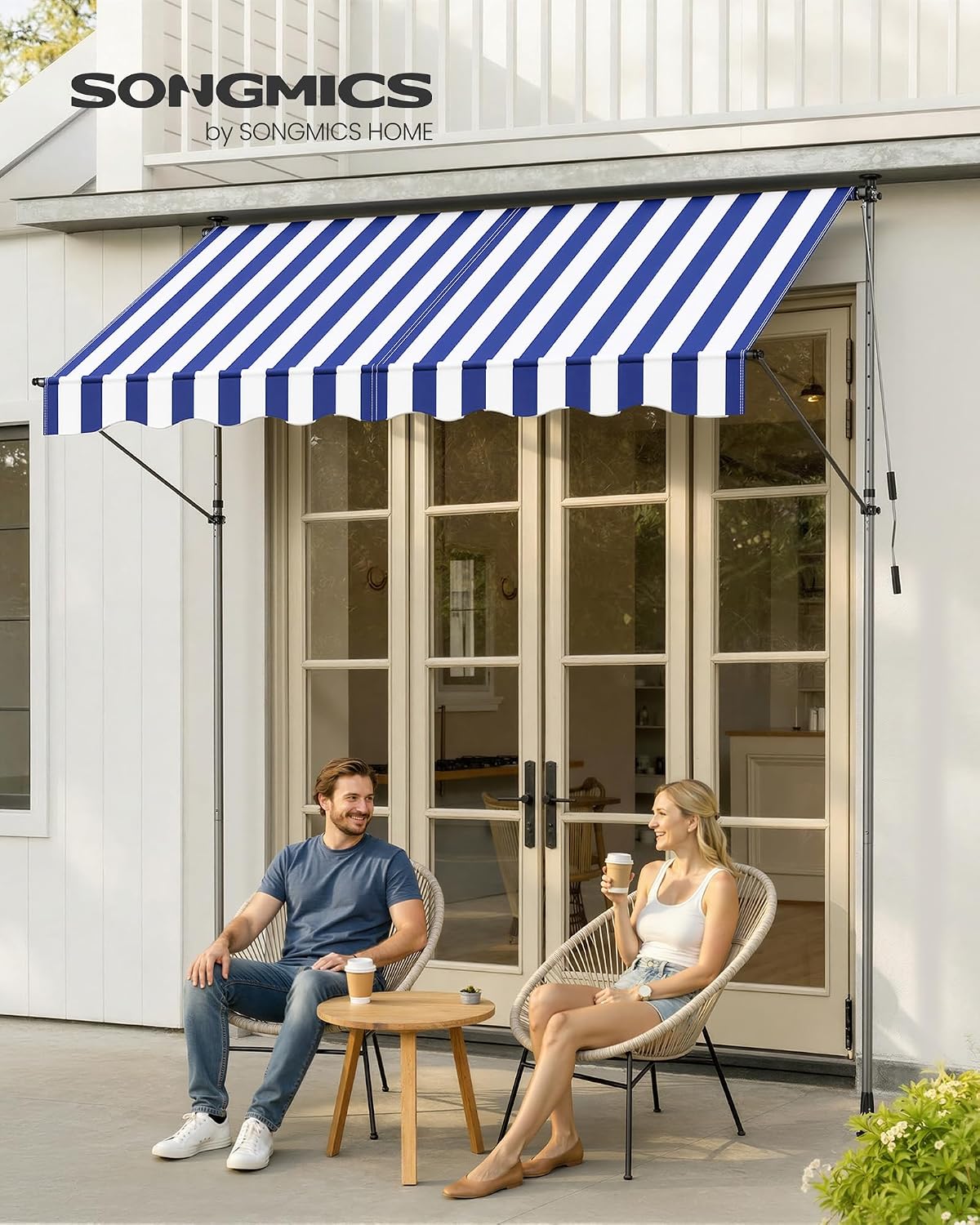 Detalle de SONGMICS Tenda da Sole Avvolgibile GSA252QZ01 – Tendalino Retrattile 250x120 cm Blu/Bianco