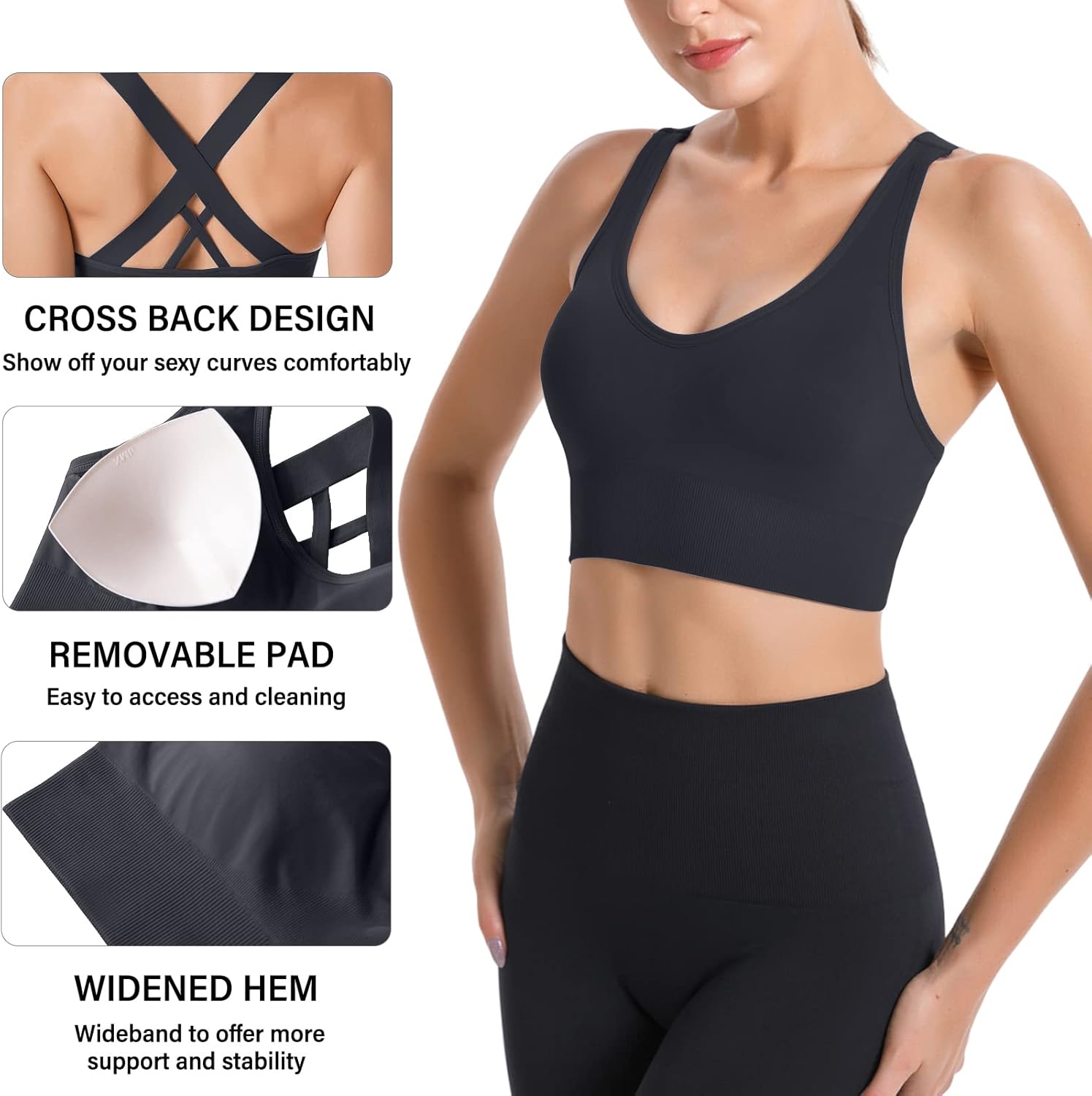 Thumbnail 2 de HANERDUN Damen Sport-BH mit starkem Halt, Crossback und nahtlosem 4-Wege-Stretch – mit herausnehmbaren Pads