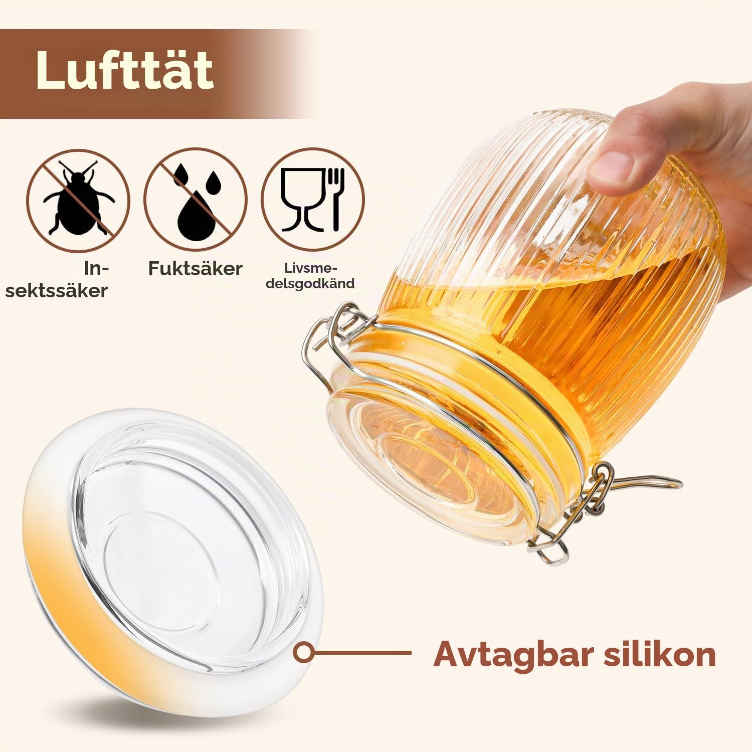 Detalle de ComSaf lufttäta glasburkar, 6 × 750 ml med räfflat glas