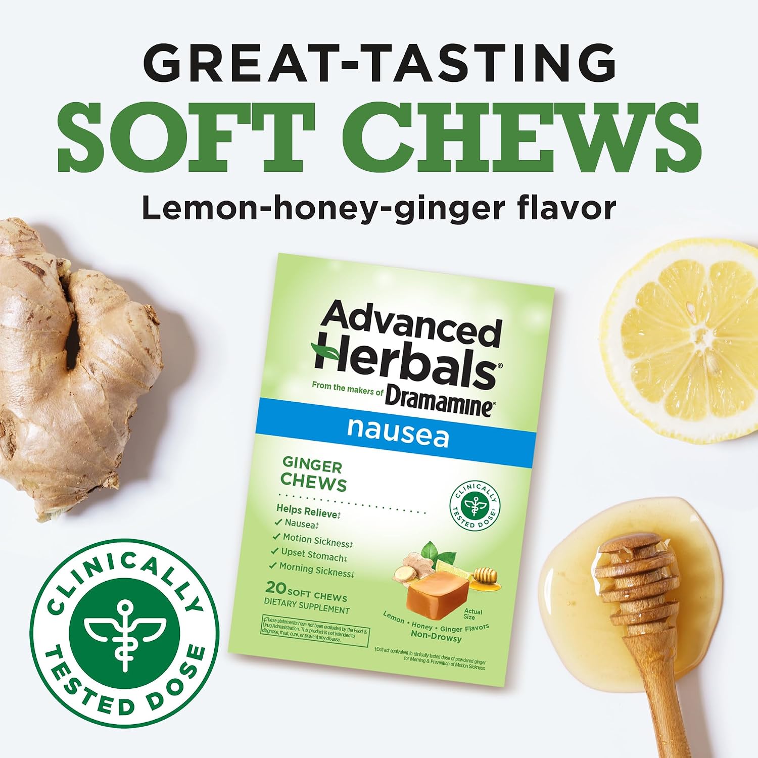 Detalle 2 de Dramamine Advanced Herbals Ginger Chews, 20 Count, Honey Lemon Ginger