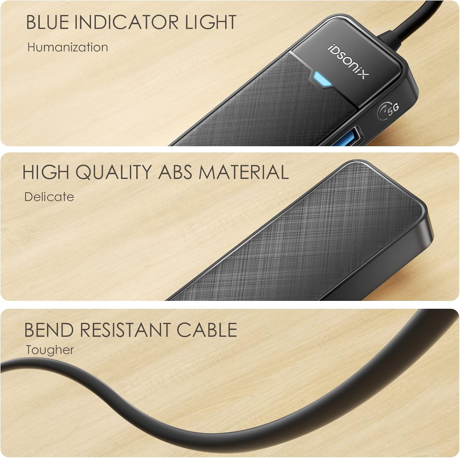 Detalle de iDsonix USB 3.0 Hub with 180cm Cable — 4-Port Ultra Slim Extension for Laptop, PC and Mac